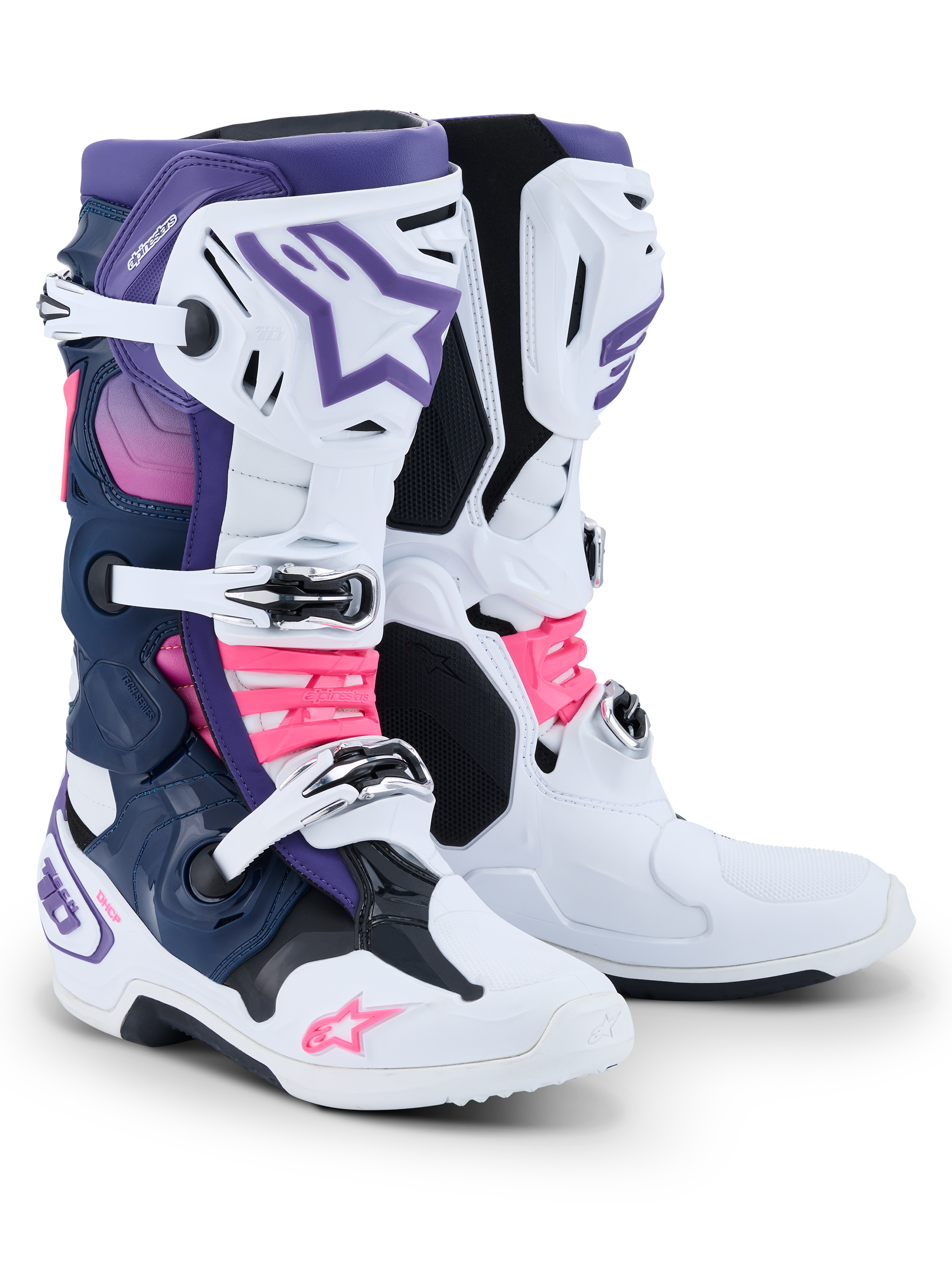 Stivali Alpinestars Tech 10, stivali da motocross, bianco, viola, blu navy e rosa fluo, sistema di chiusura a tripla fibbia, pannelli blu navy e viola e accenti rosa acceso su cinturini e loghi, calzature professionali per gare fuoristrada