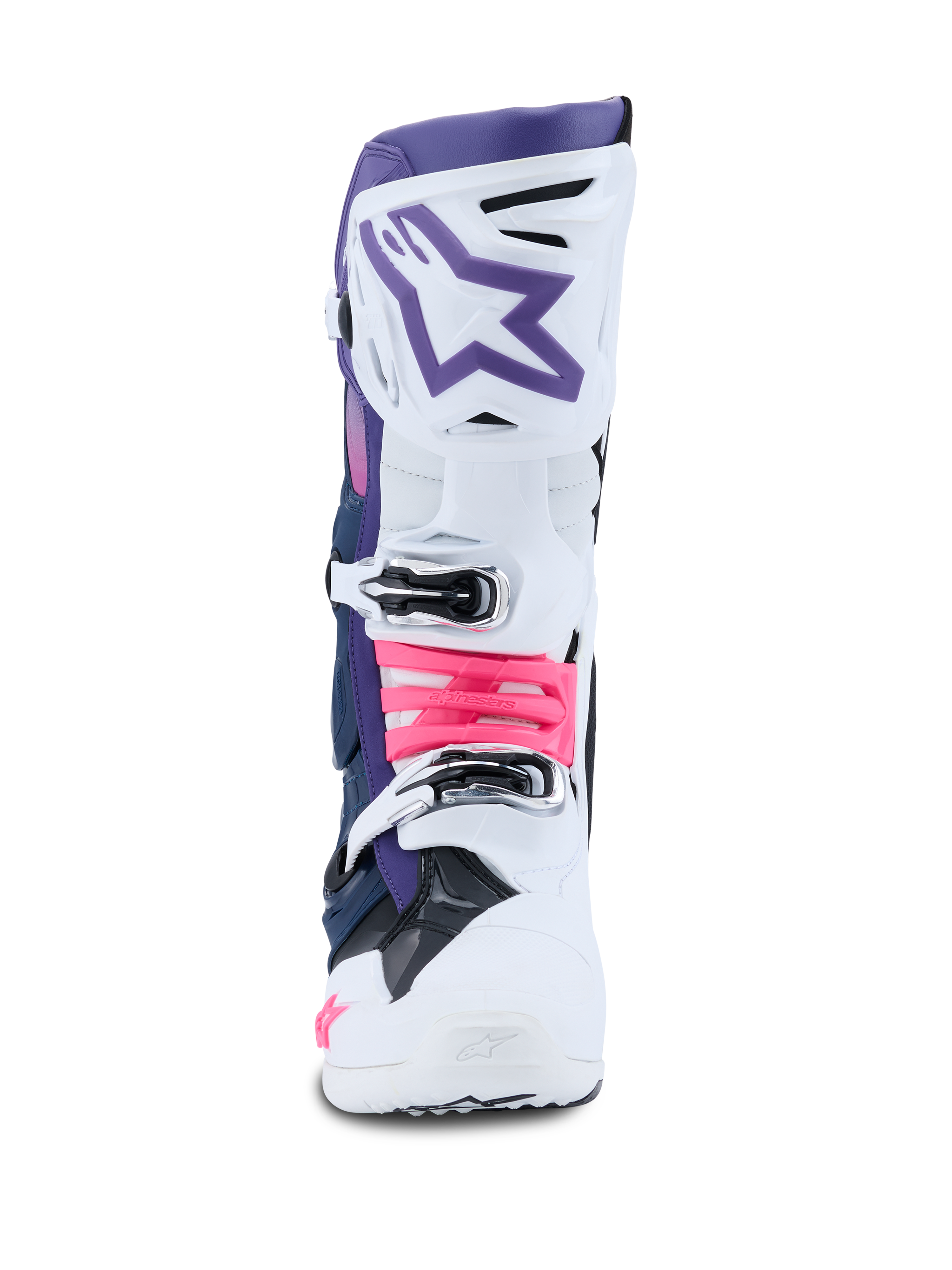 Stivali Alpinestars Tech 10, stivali da motocross, bianco, viola, blu navy e rosa fluo, vista frontale, caratterizzati da un guscio protettivo bianco con sezione superiore viola, logo a stella viola e accenti delle fibbie in rosa fluo, calzature da fuoristrada di livello professionale