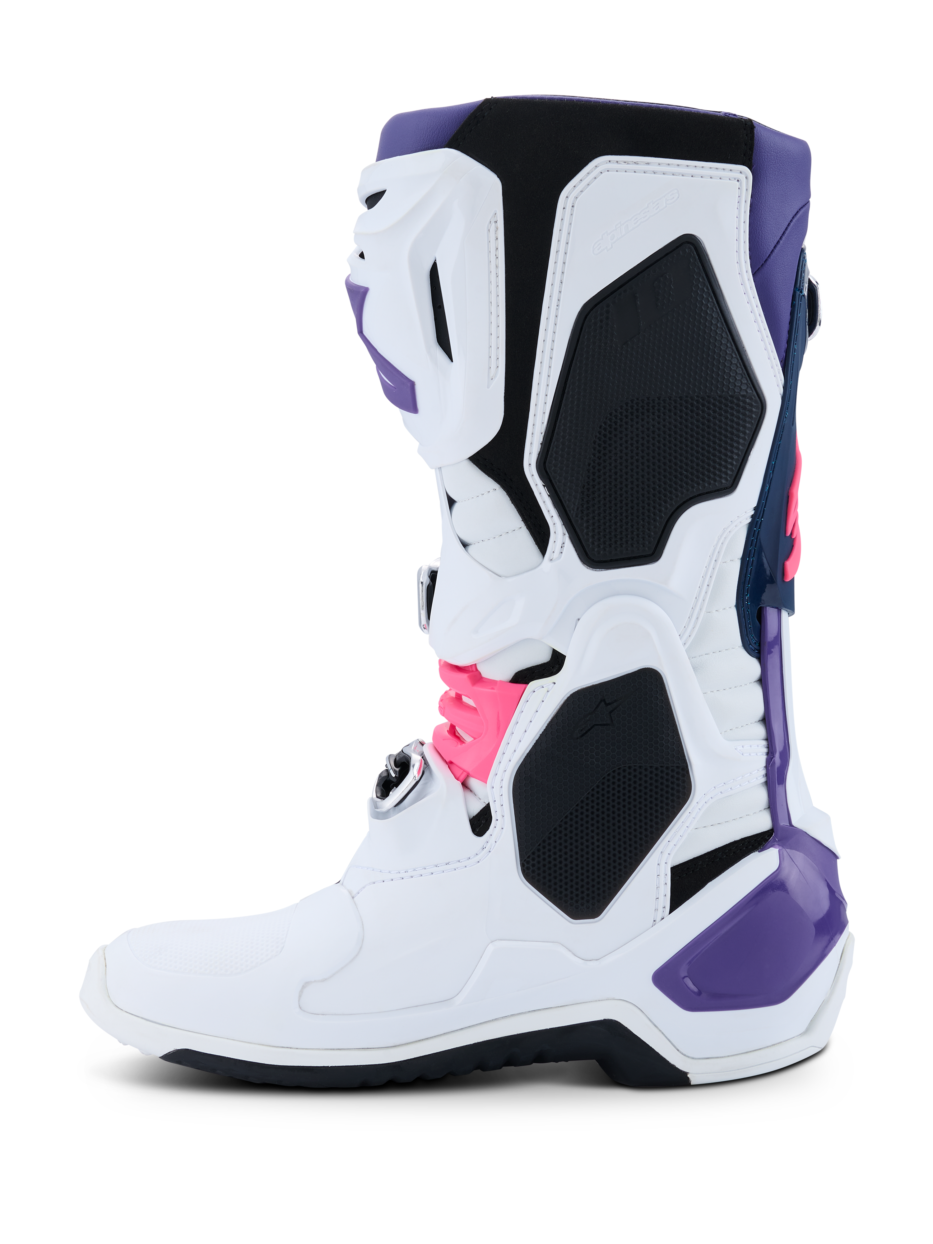 Stivali Alpinestars Tech 10, stivali da motocross, bianco, viola, blu navy e rosa fluo, profilo laterale con struttura principale bianca e accenti viola, blu navy e rosa neon, pannelli protettivi in TPU e design aerodinamico per prestazioni off-road