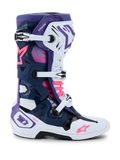 Stivali Alpinestars Tech 10, stivali da motocross, bianco, viola, blu navy e rosa fluo, vista laterale con chiusura a tripla fibbia, telaio protettivo in TPU, loghi a stella Alpinestars e branding DHCP, calzature da gara off-road ad alte prestazioni