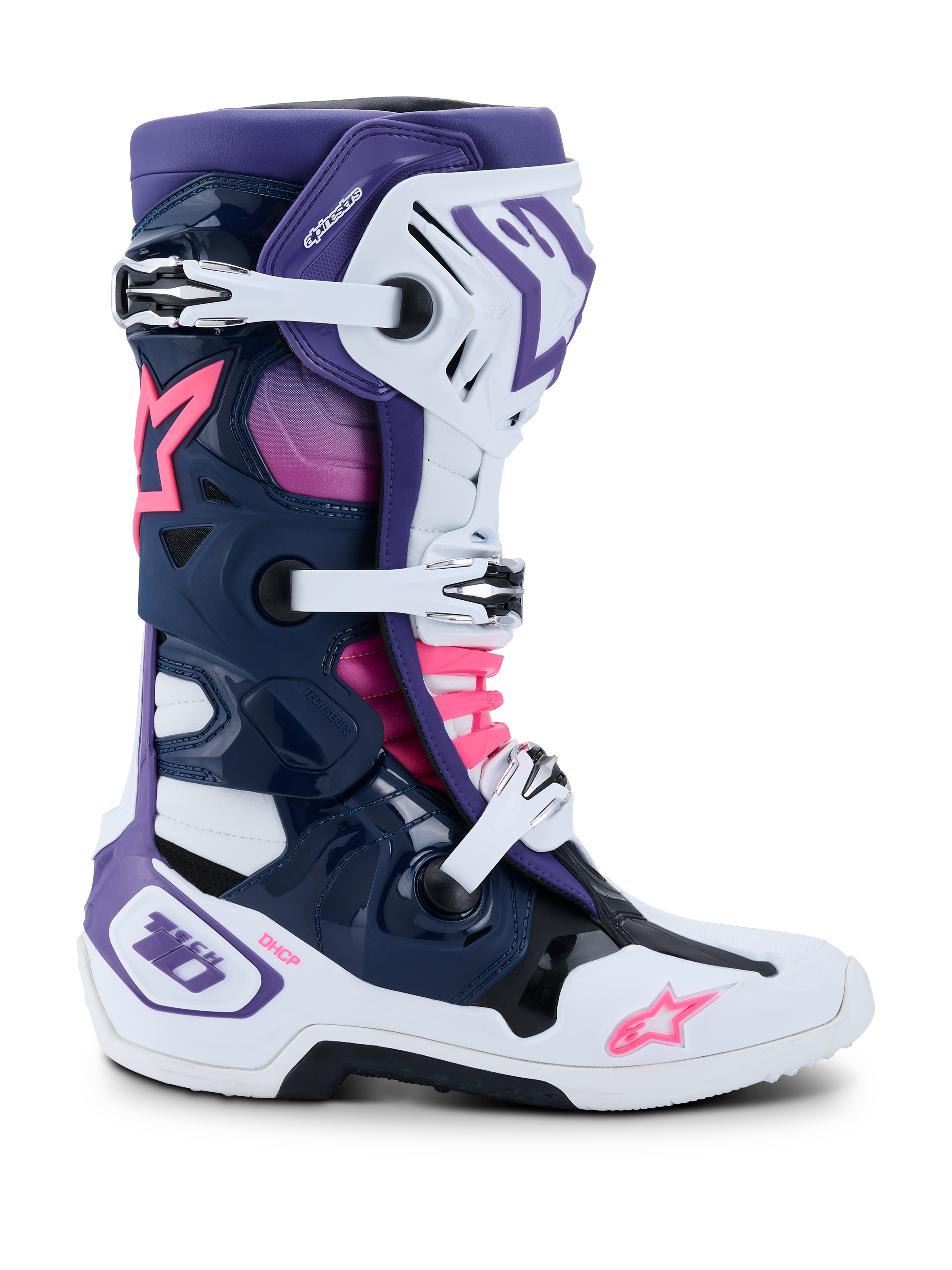 Stivali Alpinestars Tech 10, stivali da motocross, bianco, viola, blu navy e rosa fluo, vista laterale con chiusura a tripla fibbia, telaio protettivo in TPU, loghi a stella Alpinestars e branding DHCP, calzature da gara off-road ad alte prestazioni