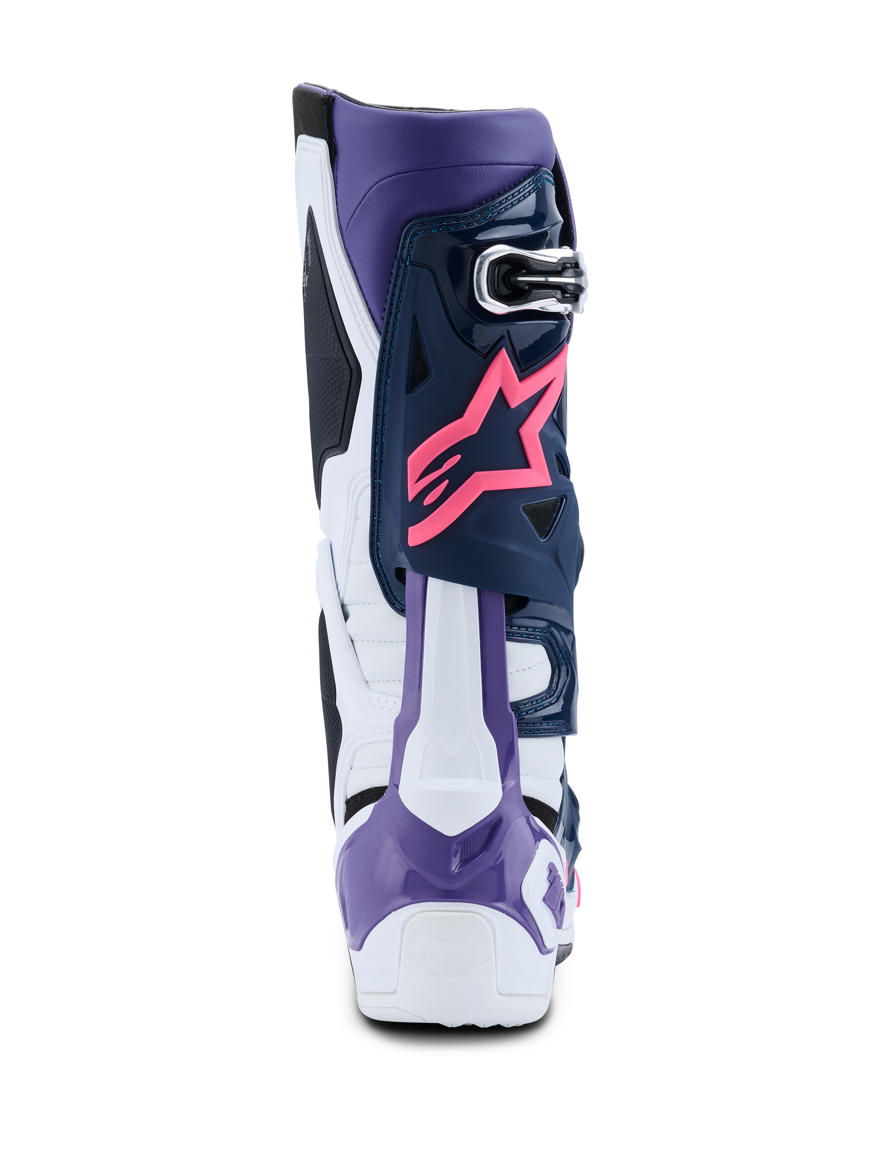 Stivali Alpinestars Tech 10, stivali da motocross, bianco, viola, blu navy e rosa fluo, vista posteriore con logo a stella Alpinestars rosa, protezione per il tallone viola e pannelli protettivi multicolore ad alte prestazioni