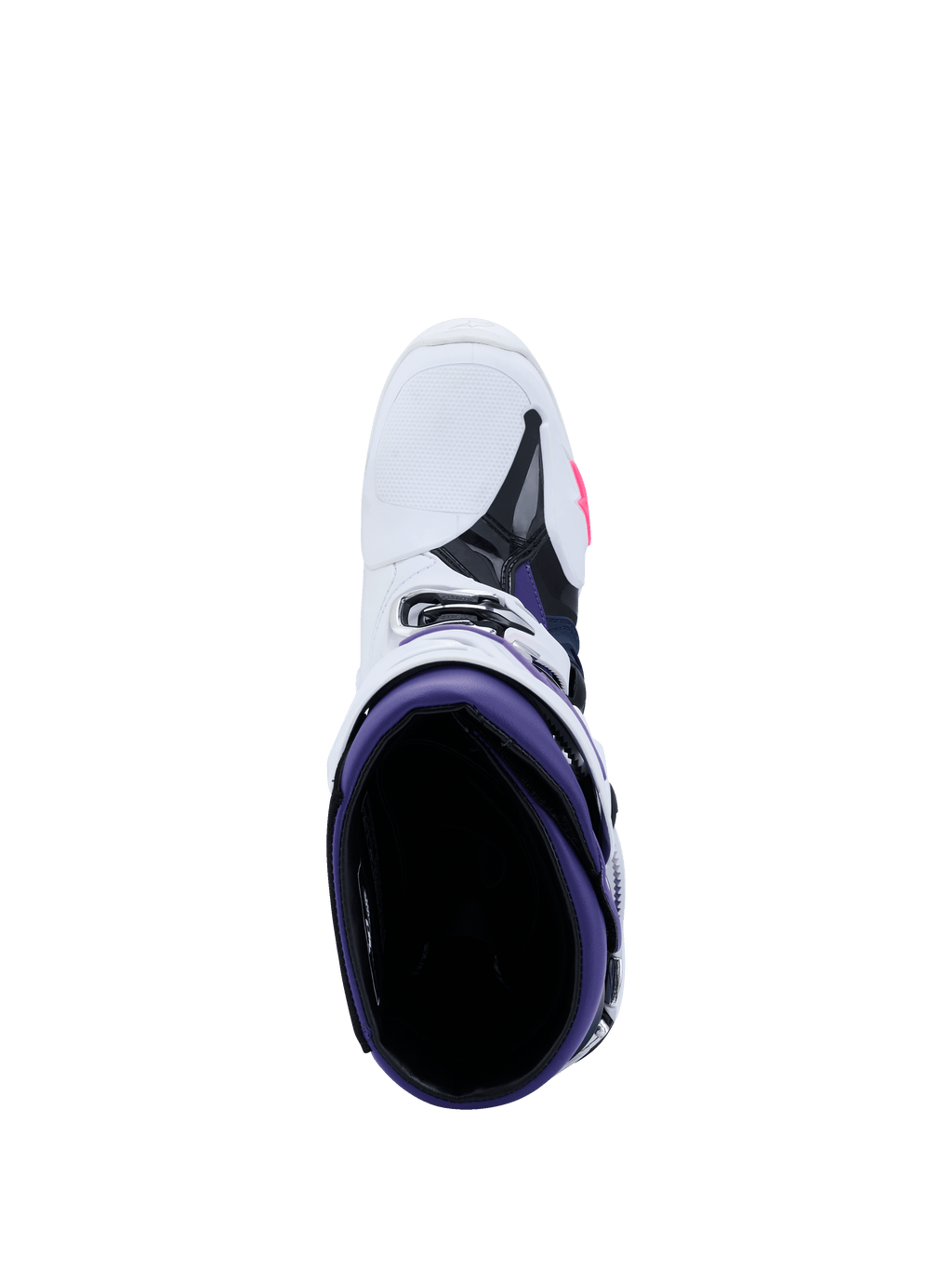 Stivali Alpinestars Tech 10, stivali da motocross, bianco, viola, blu navy e rosa fluo, vista dall'alto dell'interno viola, esterno bianco con dettagli neri e rosa, calzature da gara off-road di livello professionale