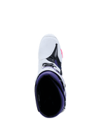 Stivali Alpinestars Tech 10, stivali da motocross, bianco, viola, blu navy e rosa fluo, vista dall'alto dell'interno viola, esterno bianco con dettagli neri e rosa, calzature da gara off-road di livello professionale