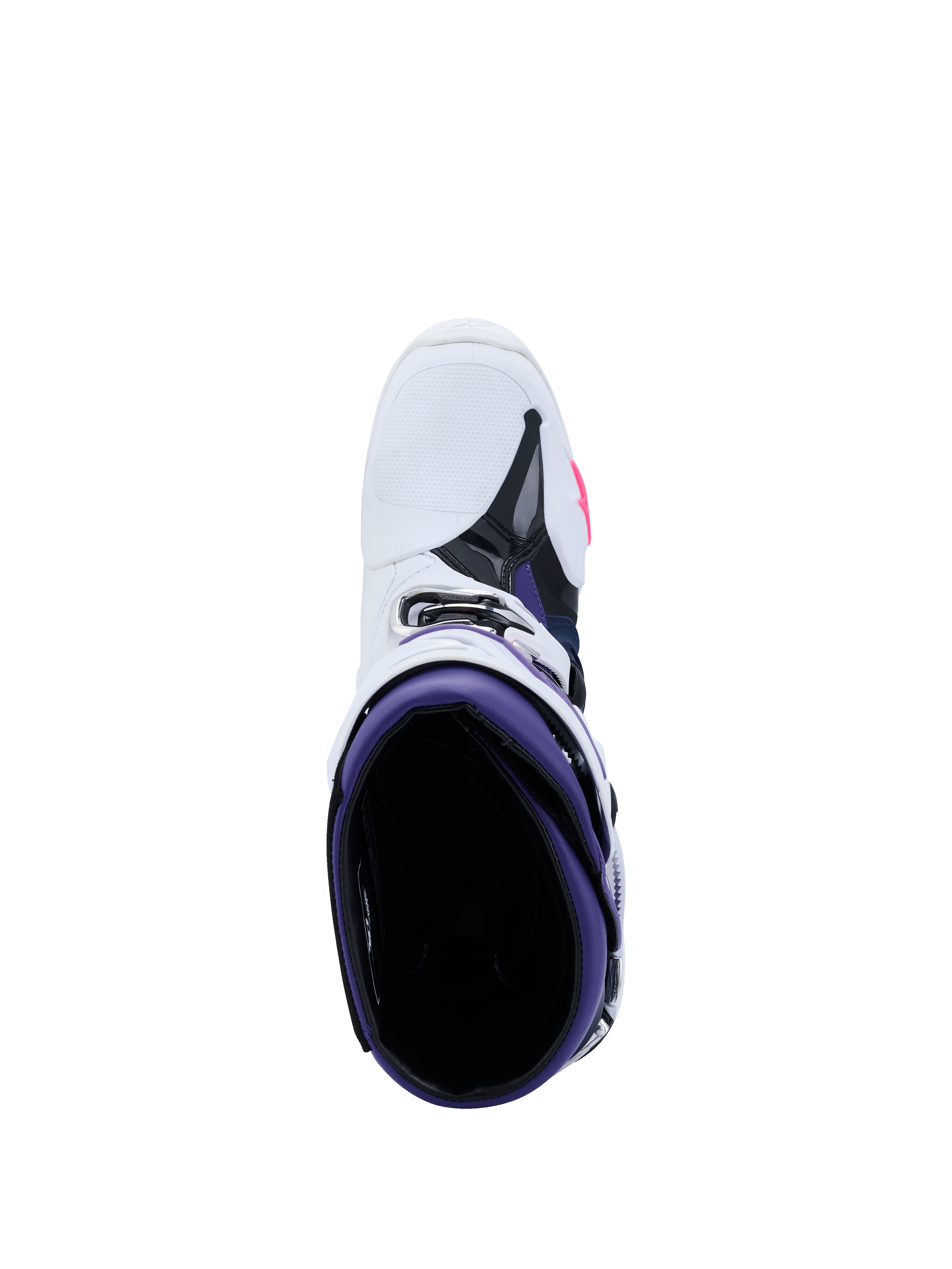 Stivali Alpinestars Tech 10, stivali da motocross, bianco, viola, blu navy e rosa fluo, vista dall'alto dell'interno viola, esterno bianco con dettagli neri e rosa, calzature da gara off-road di livello professionale