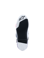 Stivali Alpinestars Tech 10, vista della suola, Bianco Viola Blu Navy e Rosa Fluo, battistrada in gomma nera ad alta aderenza con inserto centrale sostituibile, punta e tallone bianchi con logo a stella, calzature professionali da motocross