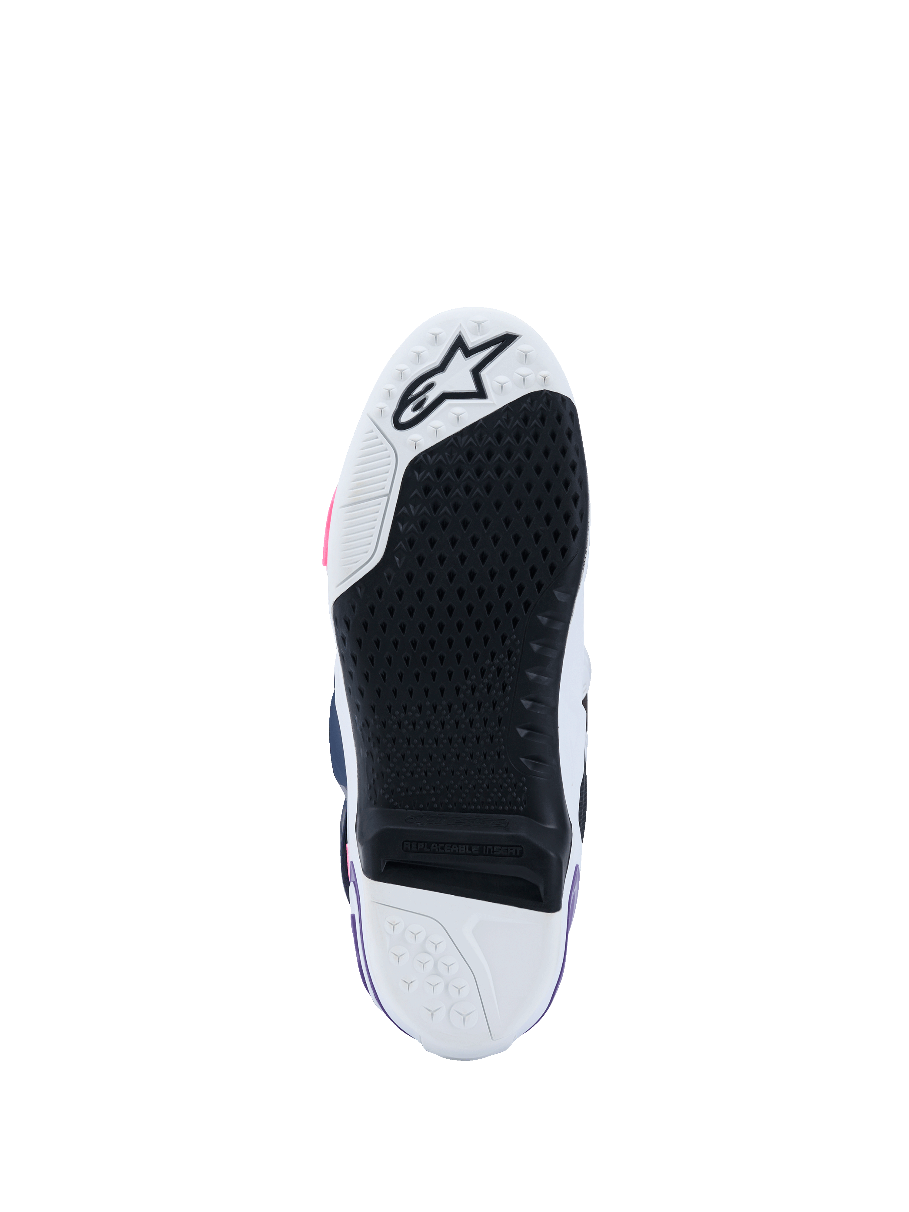 Stivali Alpinestars Tech 10, vista della suola, Bianco Viola Blu Navy e Rosa Fluo, battistrada in gomma nera ad alta aderenza con inserto centrale sostituibile, punta e tallone bianchi con logo a stella, calzature professionali da motocross