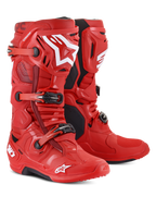 Stivali Alpinestars Tech 10, stivali da motocross, rossi con loghi bianchi, con sistema di chiusura a tripla fibbia e suole nere, calzature resistenti per competizioni fuoristrada
