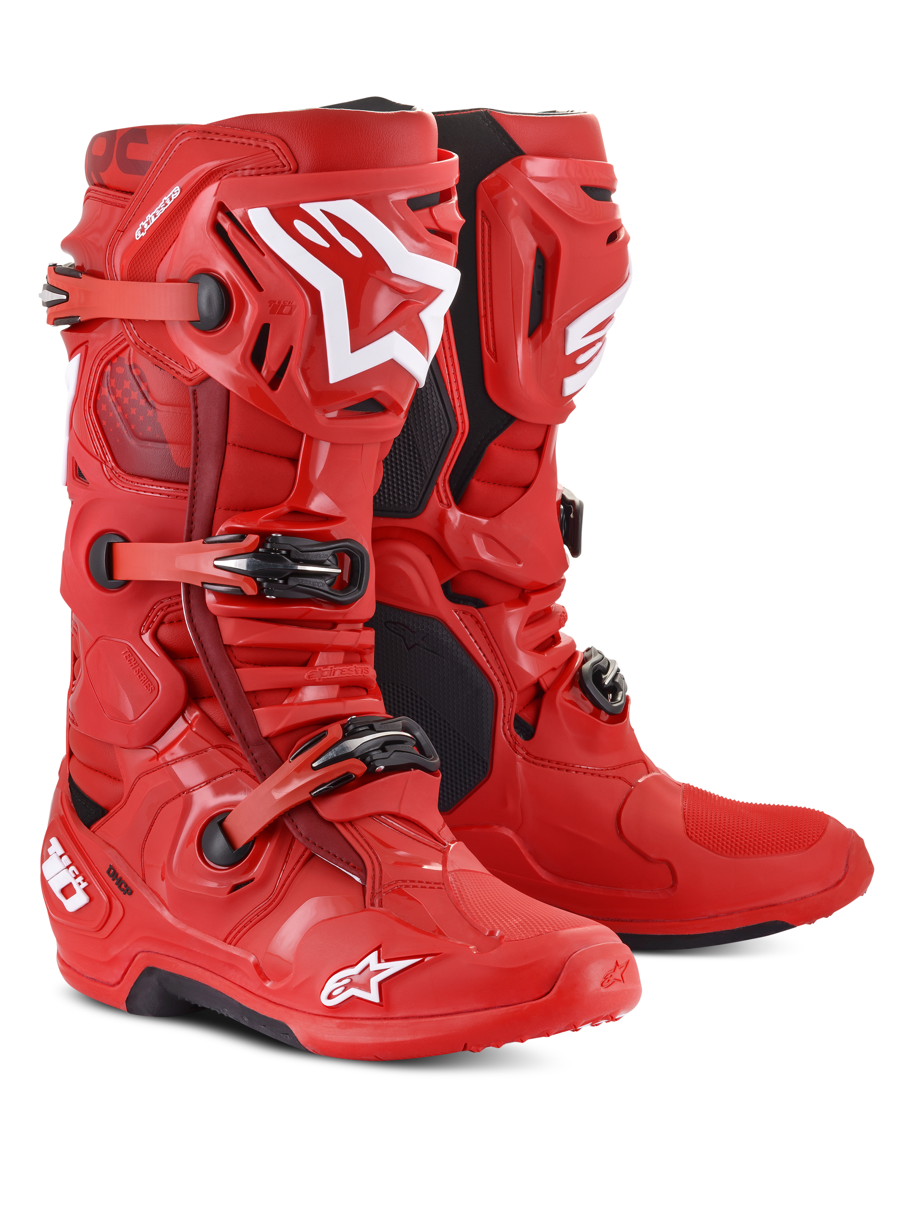 Stivali Alpinestars Tech 10, stivali da motocross, rossi con loghi bianchi, con sistema di chiusura a tripla fibbia e suole nere, calzature resistenti per competizioni fuoristrada