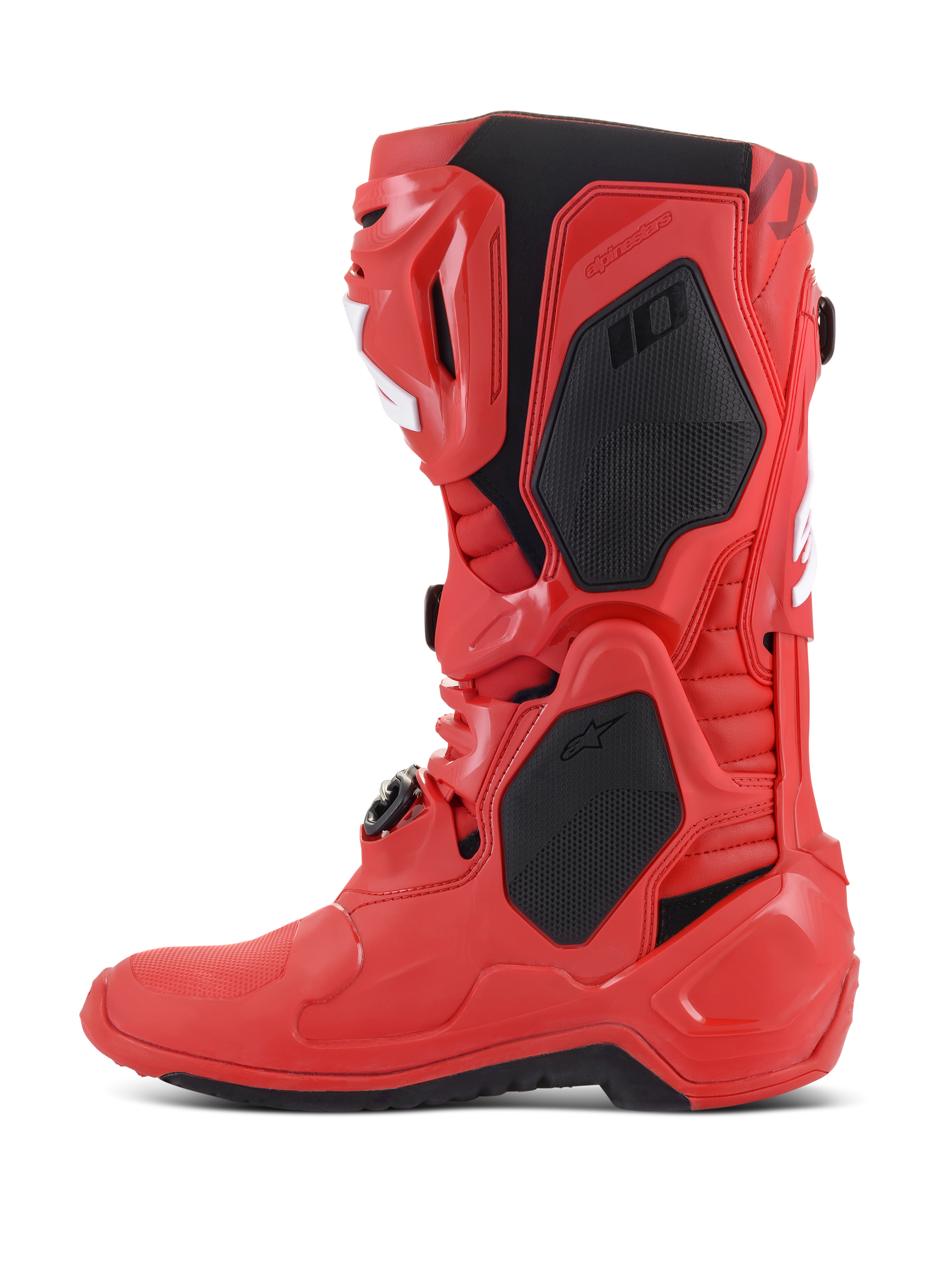 Stivali Alpinestars Tech 10, stivali da motocross, rosso acceso, profilo laterale con pannelli protettivi neri e accenti bianchi, calzatura professionale da gara off-road con calotta in TPU e sistema di fibbie