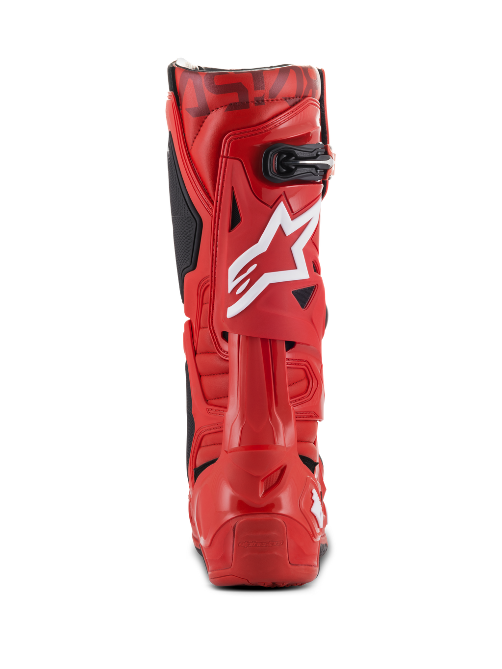 Alpinestars Tech 10 Boots, stivali da motocross, rosso, vista posteriore con logo a stella bianco sul polpaccio, fibbia nera nella parte superiore e scocca in TPU rosso resistente per prestazioni off-road