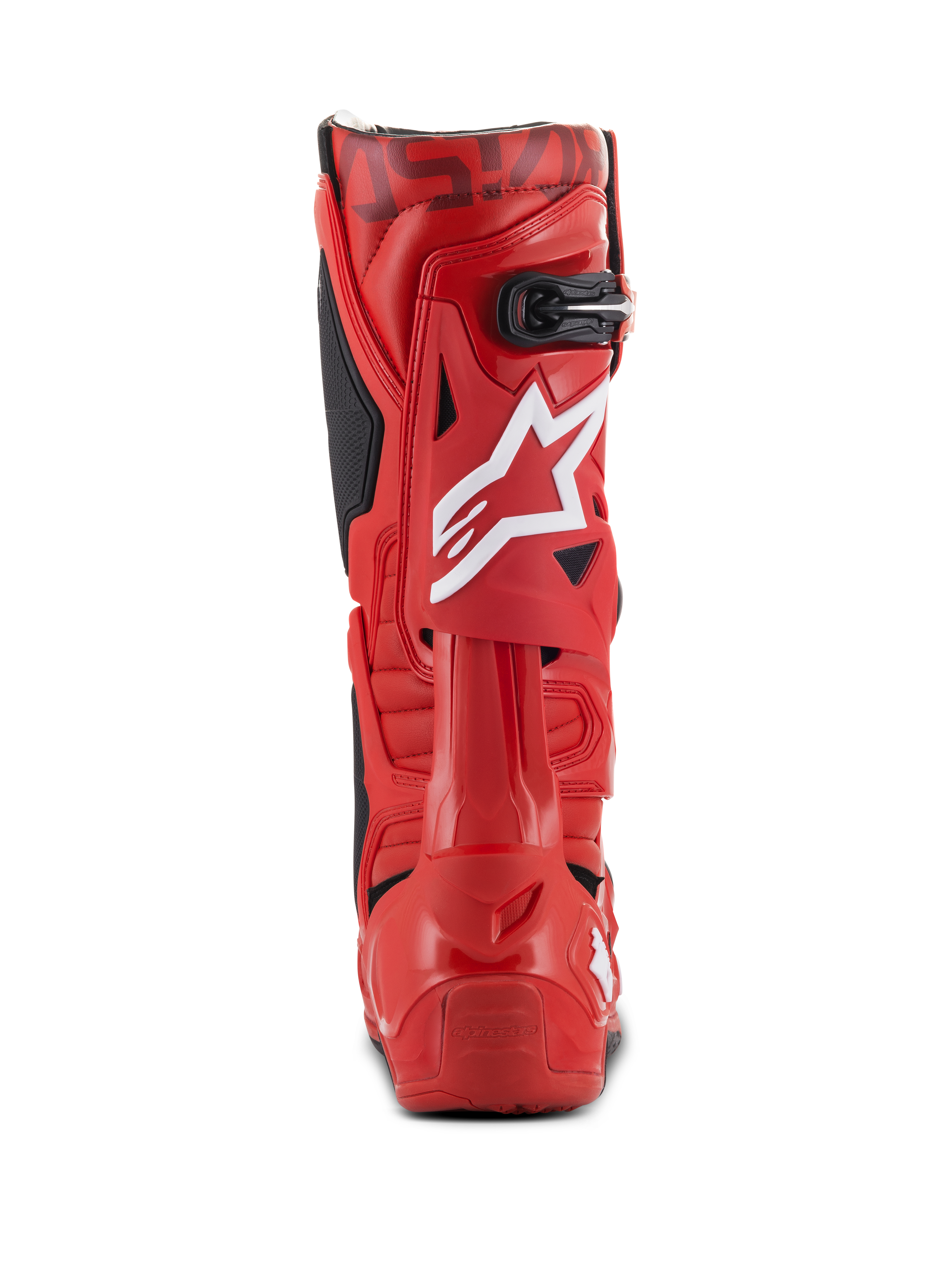 Alpinestars Tech 10 Boots, stivali da motocross, rosso, vista posteriore con logo a stella bianco sul polpaccio, fibbia nera nella parte superiore e scocca in TPU rosso resistente per prestazioni off-road