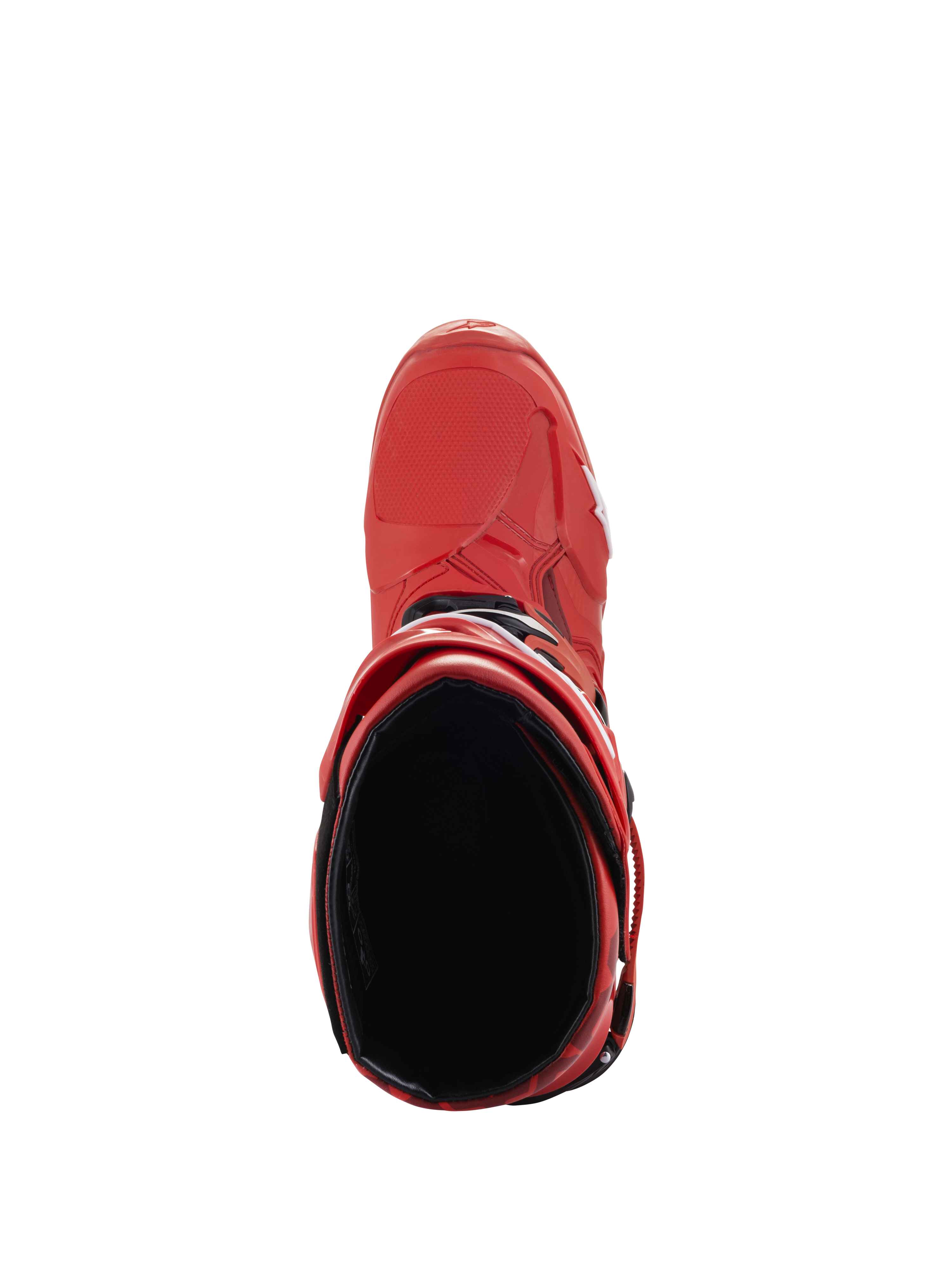 Stivali Alpinestars Tech 10, rosso, vista dall'alto dell'interno dello stivale, stivali da motocross con fodera nera e calotta in TPU rosso, calzatura professionale ad alte prestazioni per fuoristrada