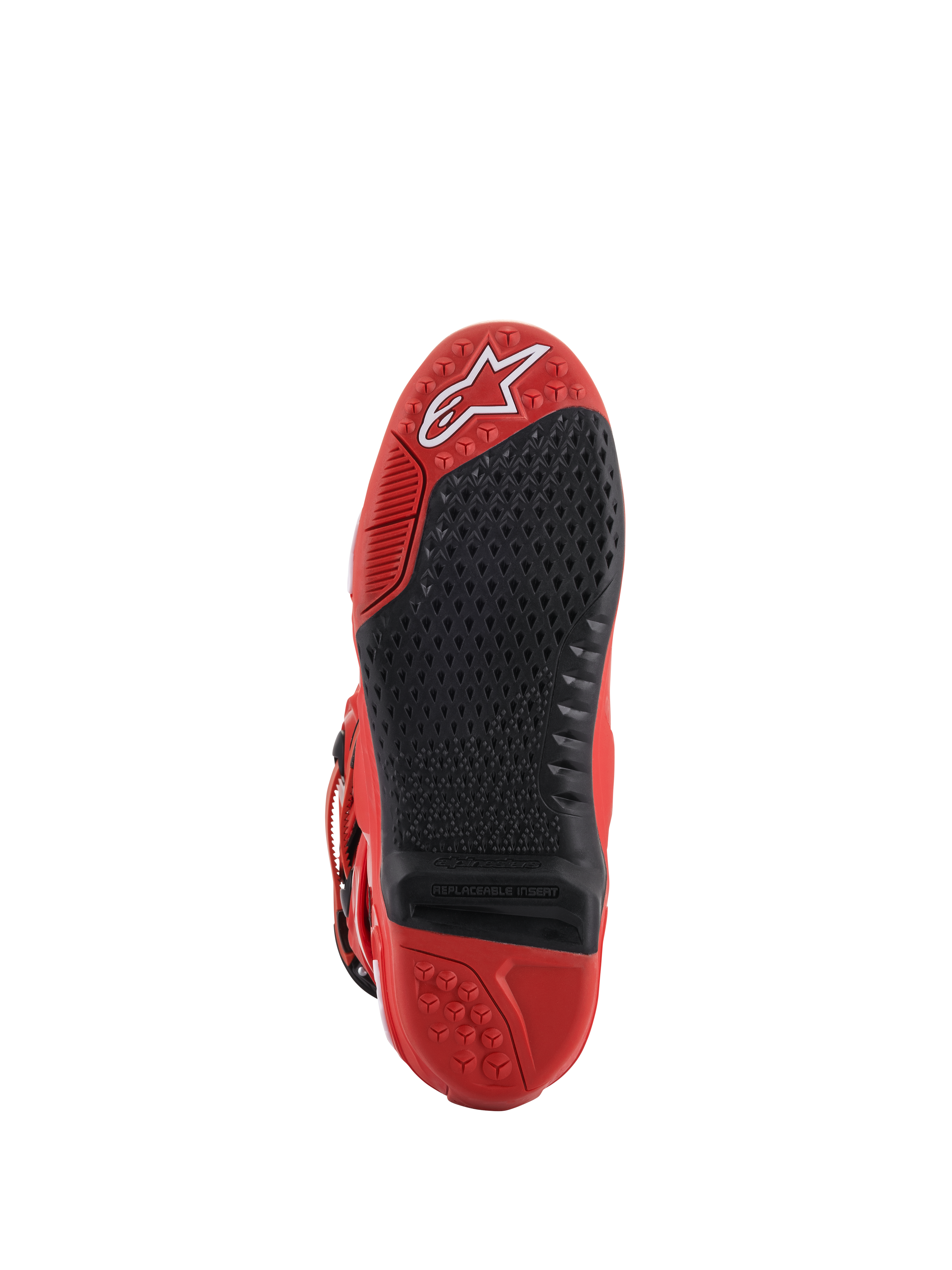 Stivali Alpinestars Tech 10, rosso, vista della suola, con inserto centrale nero sostituibile e trama micro-grip, logo Alpinestars bianco sulla punta, robusta struttura in gomma per motocross
