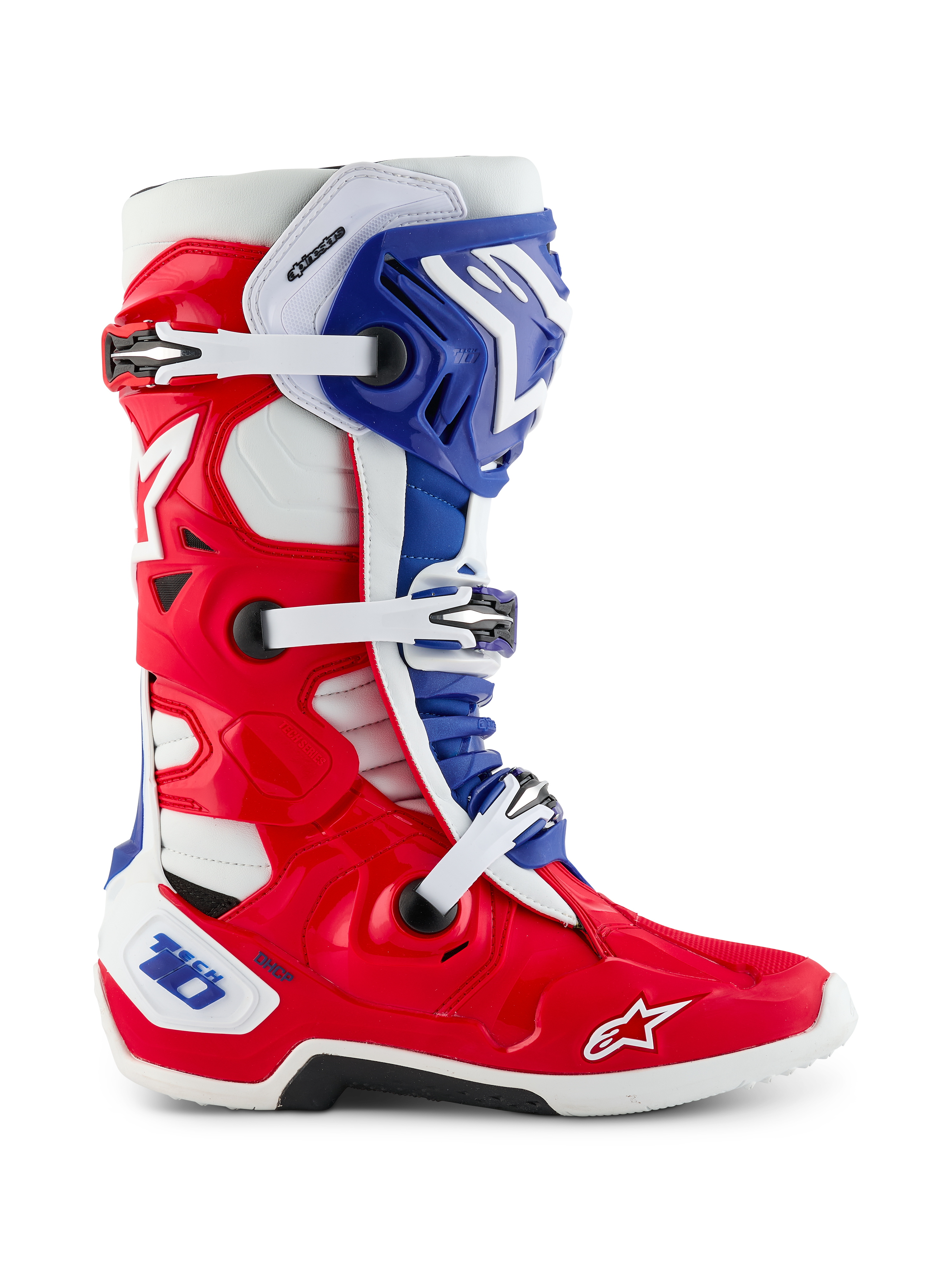 Alpinestars Limited Edition Fortitude Tech 10 Boot, stivale da motocross, design patriottico rosso brillante, bianco e blu, vista laterale con chiusura a tripla fibbia, guscio protettivo in TPU e logo Alpinestars sulla punta, calzatura da fuoristrada ad alte prestazioni