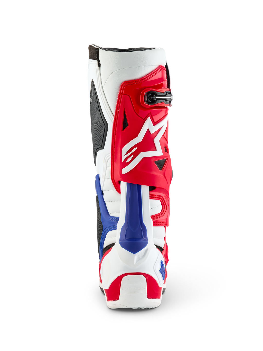 Stivali Alpinestars Tech 10 Limited Edition Fortitude, vista posteriore, colorazione patriottica rossa, bianca e blu, tomaia rossa con logo a stella bianco e protezione del tallone blu, calzature professionali da motocross