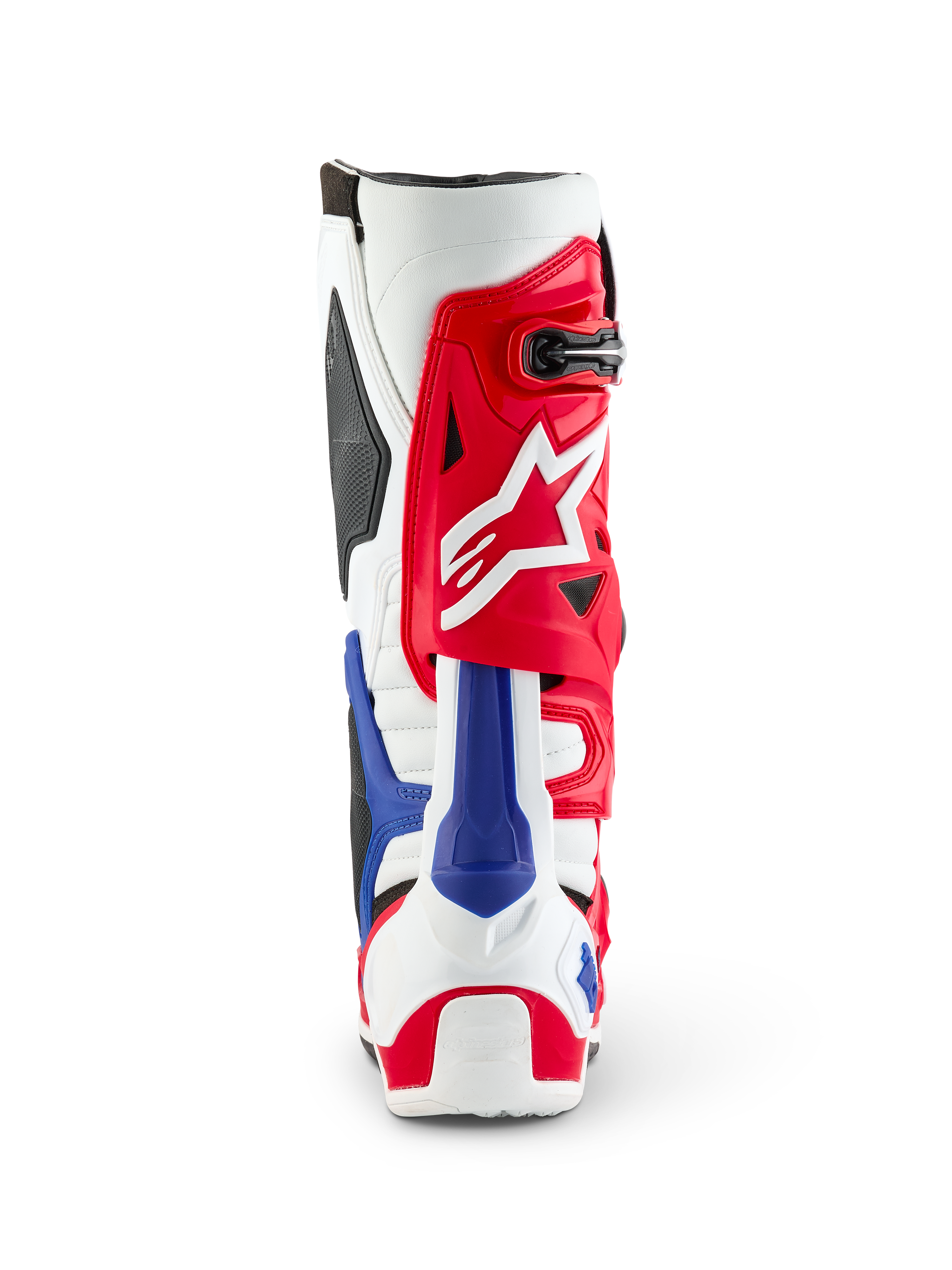 Stivali Alpinestars Tech 10 Limited Edition Fortitude, vista posteriore, colorazione patriottica rossa, bianca e blu, tomaia rossa con logo a stella bianco e protezione del tallone blu, calzature professionali da motocross