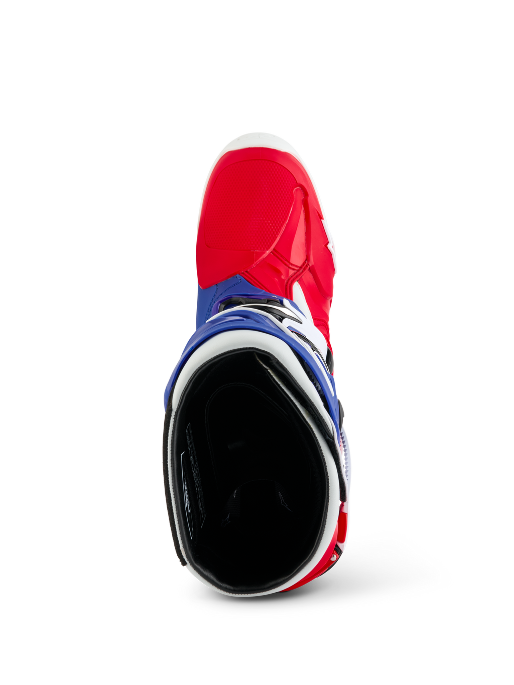 Alpinestars Tech 10 Limited Edition Fortitude, stivale da motocross, rosso acceso, bianco e blu, vista dall'alto che mostra la zona della punta rossa e il colletto blu con interno imbottito nero, equipaggiamento resistente per gare fuoristrada