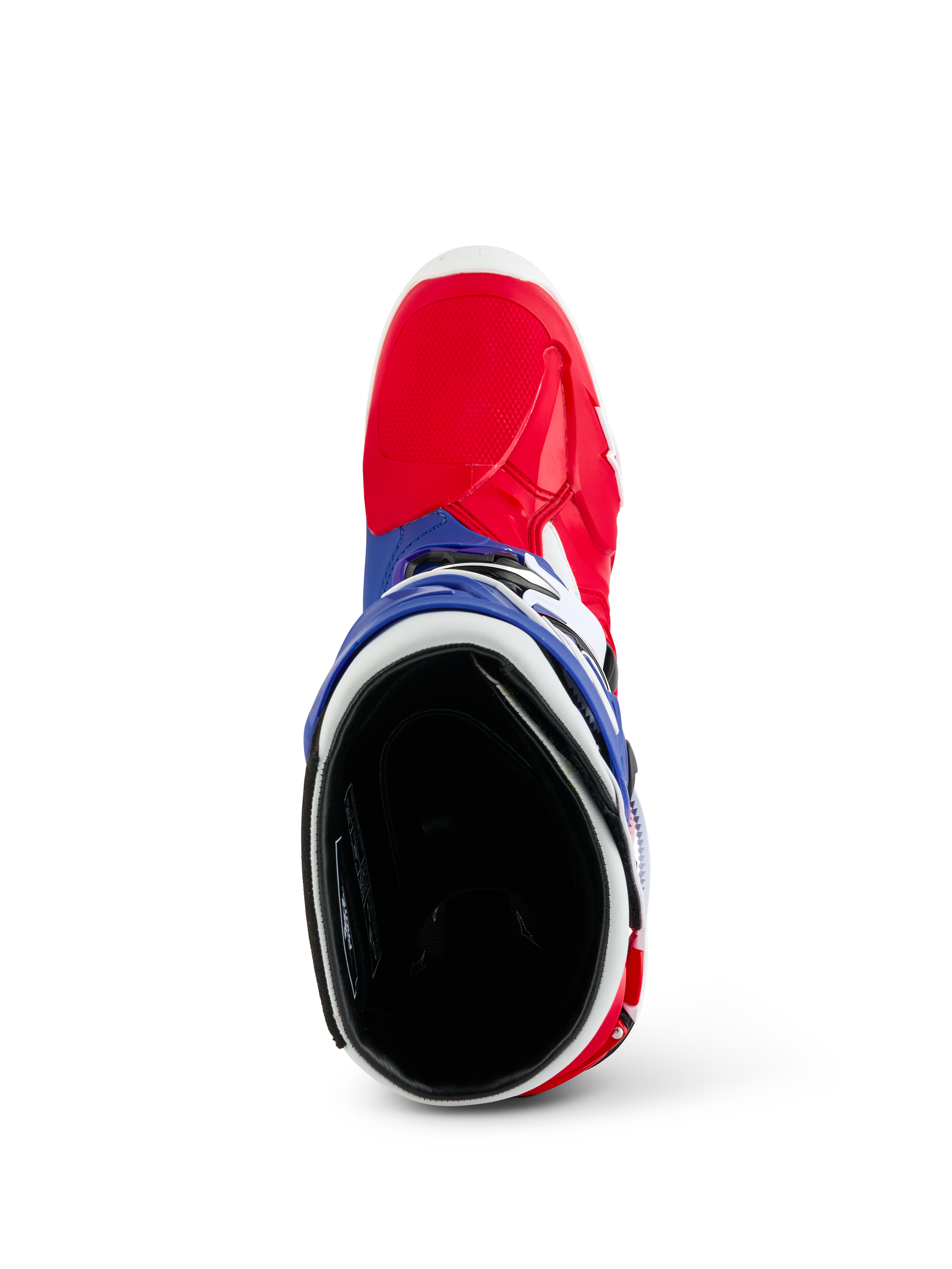 Alpinestars Tech 10 Limited Edition Fortitude, stivale da motocross, rosso acceso, bianco e blu, vista dall'alto che mostra la zona della punta rossa e il colletto blu con interno imbottito nero, equipaggiamento resistente per gare fuoristrada