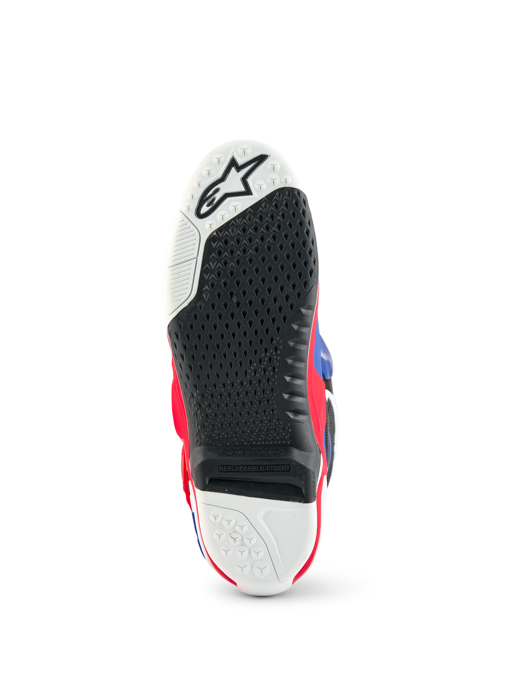 Alpinestars Limited Edition Fortitude Tech 10, vista della suola dello stivale da motocross, motivo di aderenza testurizzato nero e bianco, inserto centrale sostituibile, accenti rosso acceso, bianco e blu, struttura resistente per prestazioni fuoristrada
