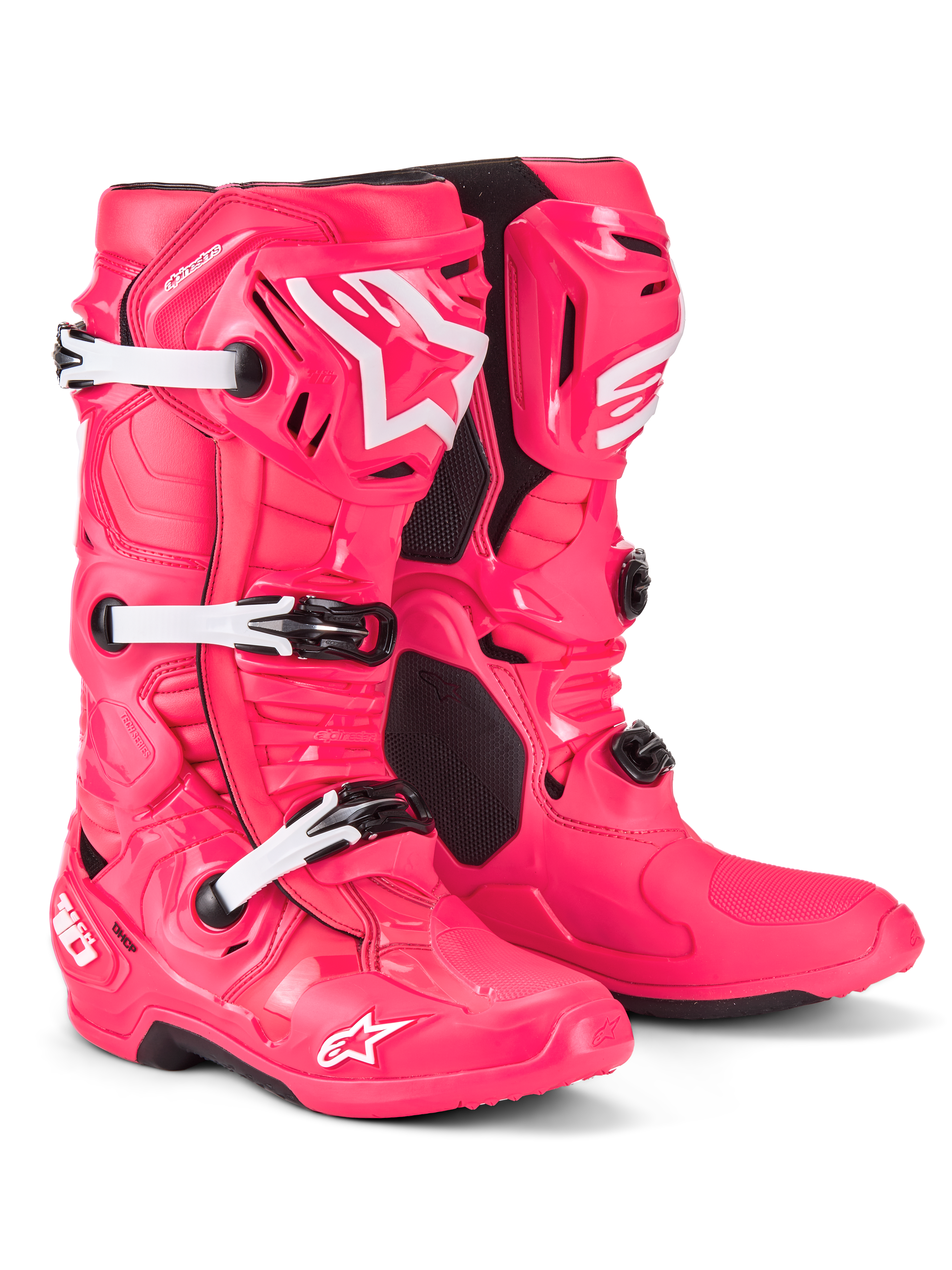 Stivali Alpinestars Tech 10, stivali da motocross, Rosa Diva e bianco, caratterizzati da una struttura leggera in materiale composito con sistema a tripla fibbia, calotta protettiva in TPU e iconico logo a stella su stinco e punta, calzature professionali per corse fuoristrada