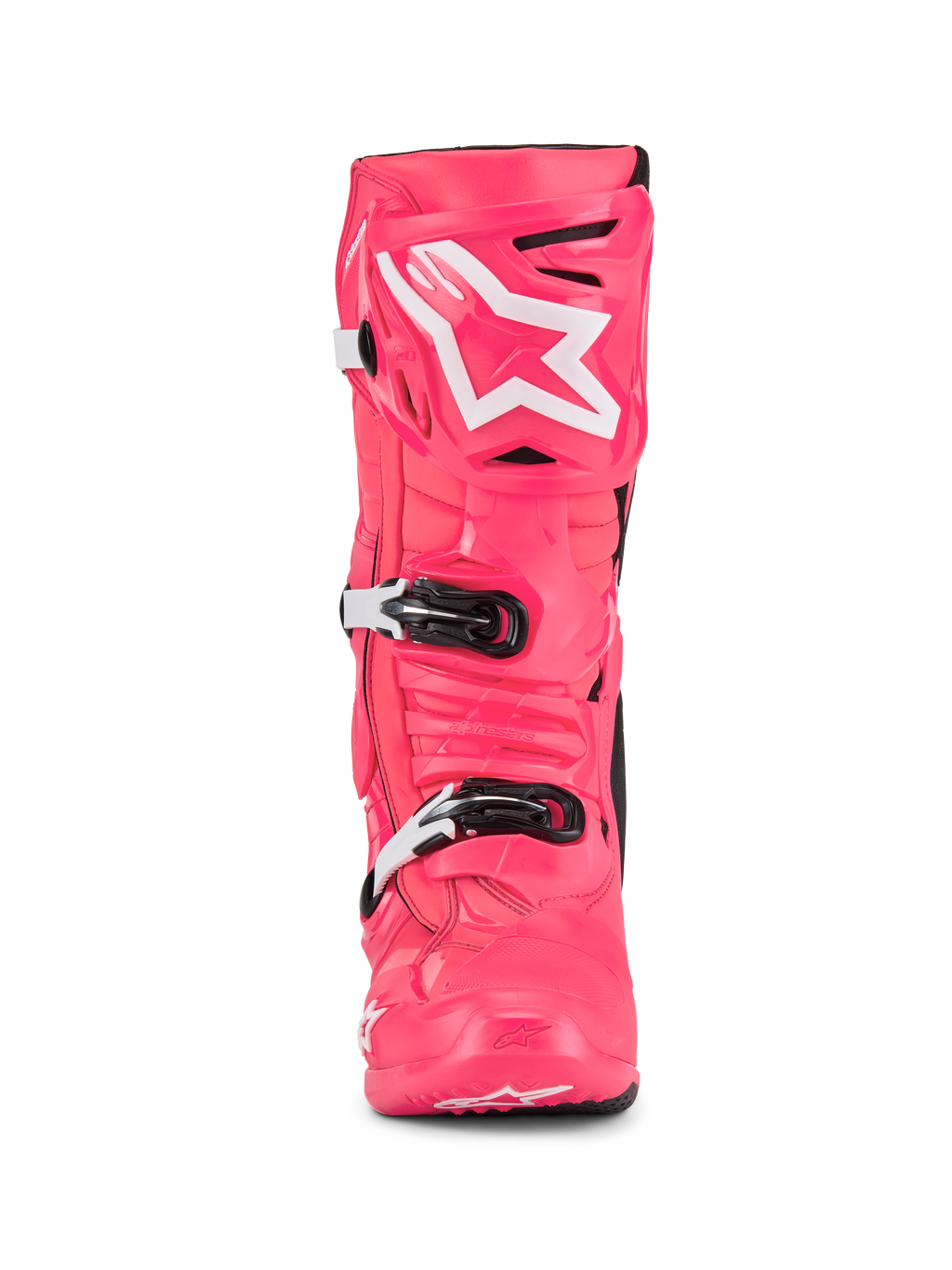 Stivali Alpinestars Tech 10, stivali da motocross, rosa Diva e bianco, vista frontale, con logo a stella bianco sulla placca tibiale, scocca in TPU resistente con fibbie bianche e nere, calzatura professionale per corse fuoristrada