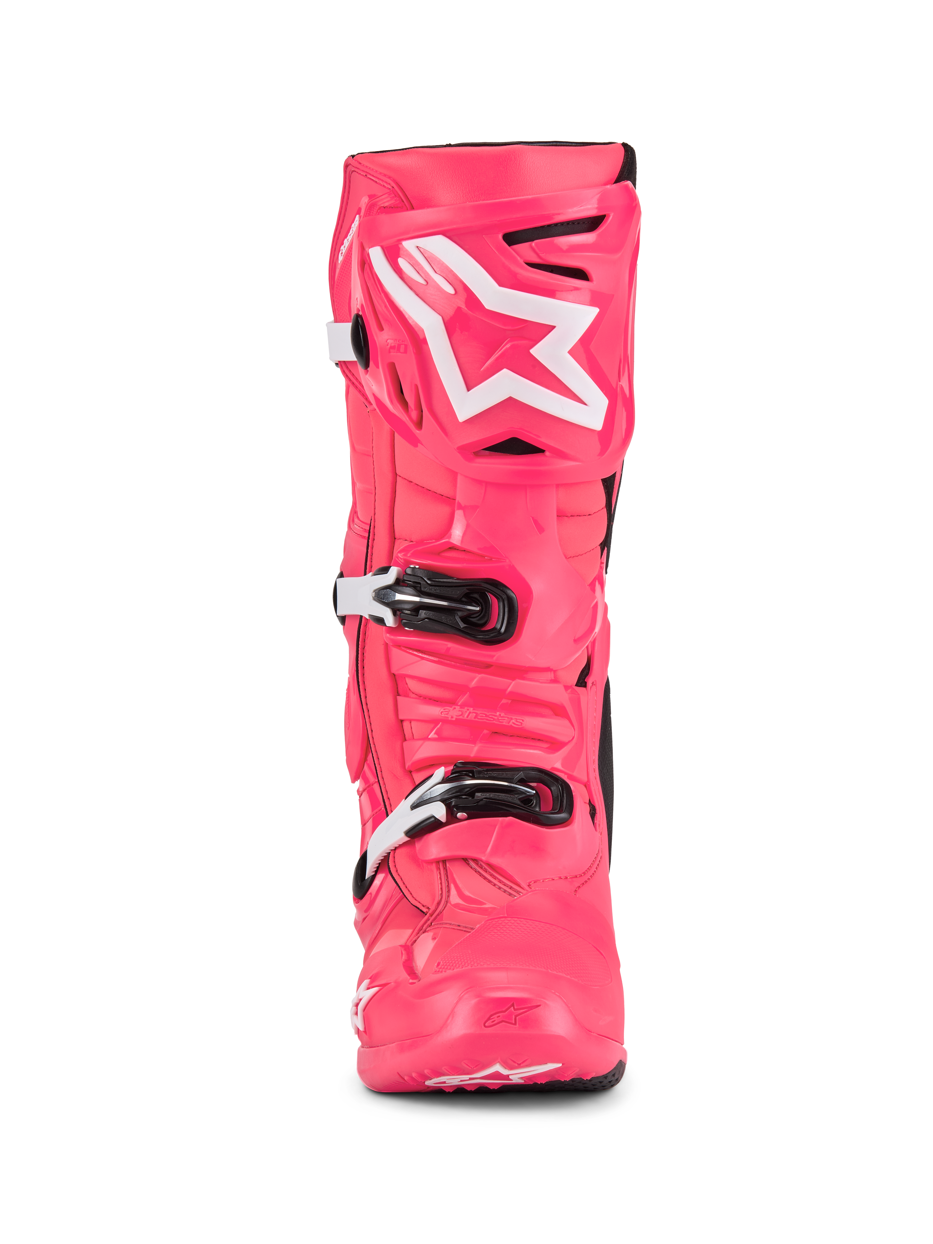 Stivali Alpinestars Tech 10, stivali da motocross, rosa Diva e bianco, vista frontale, con logo a stella bianco sulla placca tibiale, scocca in TPU resistente con fibbie bianche e nere, calzatura professionale per corse fuoristrada