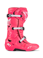 Alpinestars Tech 10, stivali da motocross, Diva Pink e bianco, sistema a tripla fibbia, protezione certificata CE, design angolare testurizzato con loghi a stella bianchi e suola robusta nera