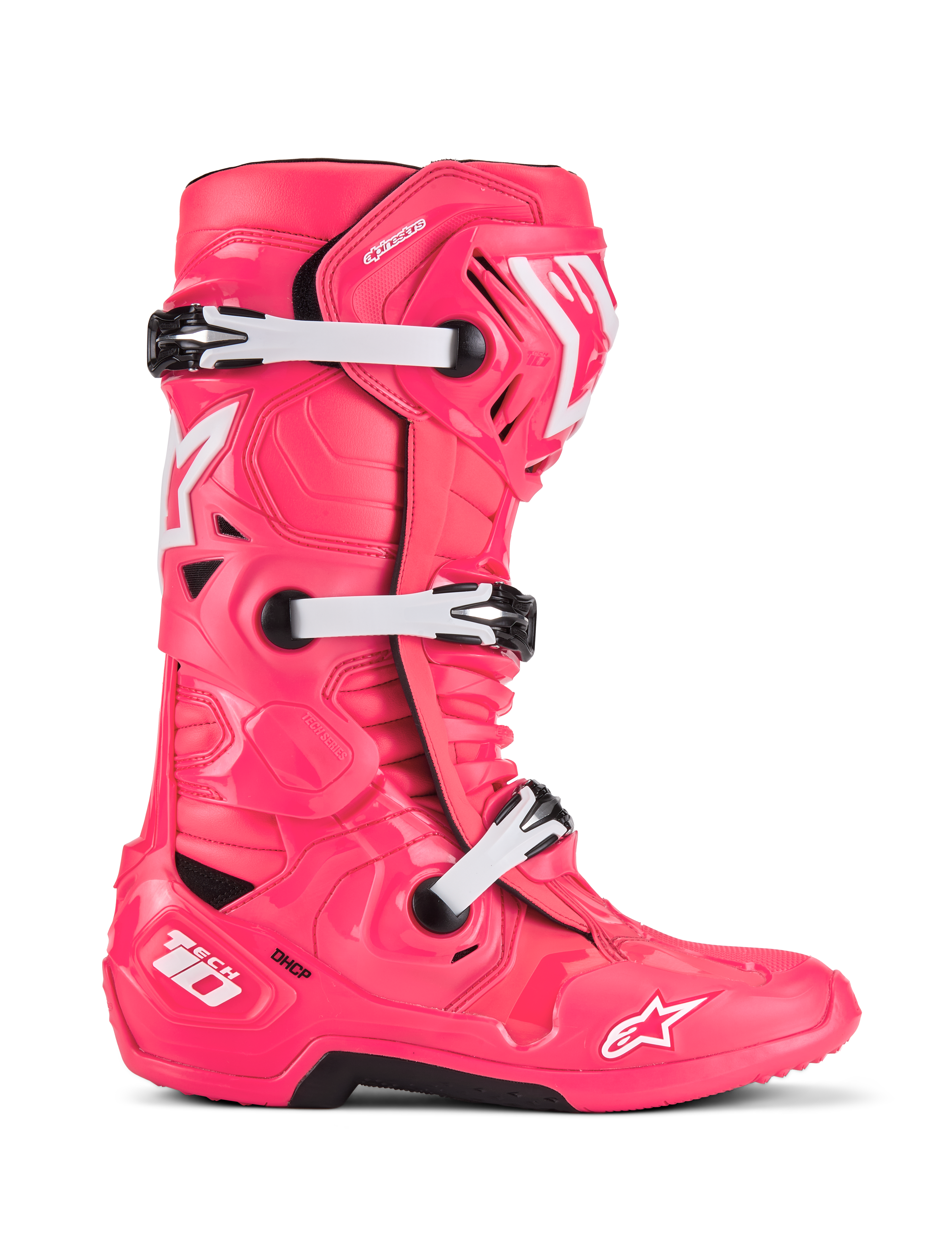 Alpinestars Tech 10, stivali da motocross, Diva Pink e bianco, sistema a tripla fibbia, protezione certificata CE, design angolare testurizzato con loghi a stella bianchi e suola robusta nera