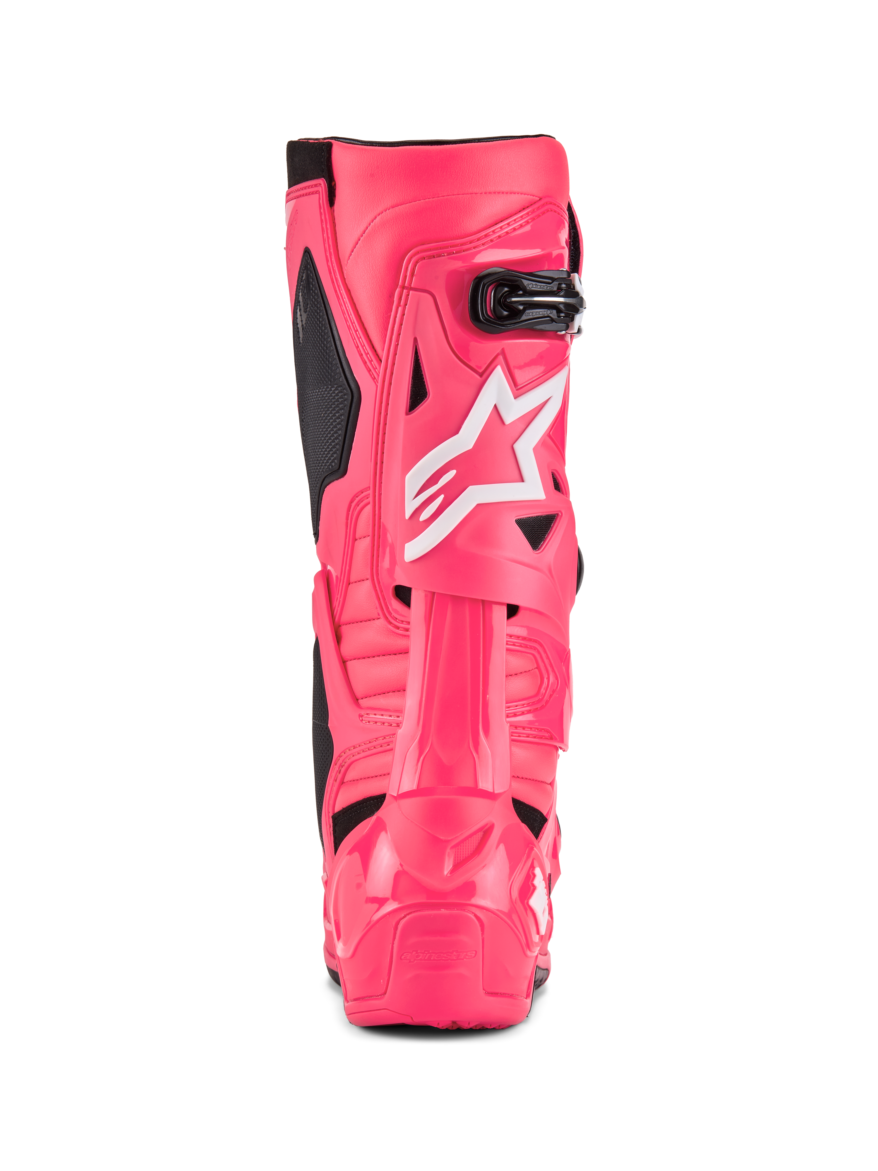 Alpinestars Tech 10 Boots, stivali da motocross, rosa Diva e bianco, vista posteriore con logo a stella Alpinestars bianco, accenti neri e protezione strutturata per tallone e polpaccio, calzature professionali per competizioni fuoristrada