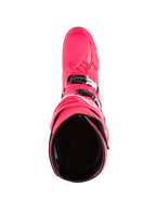 Stivali Alpinestars Tech 10, stivali da motocross, rosa diva e bianco, vista dall'alto verso l'interno con fodera nera, guscio esterno rosa con dettagli delle fibbie bianchi e neri, calzature off-road ad alte prestazioni