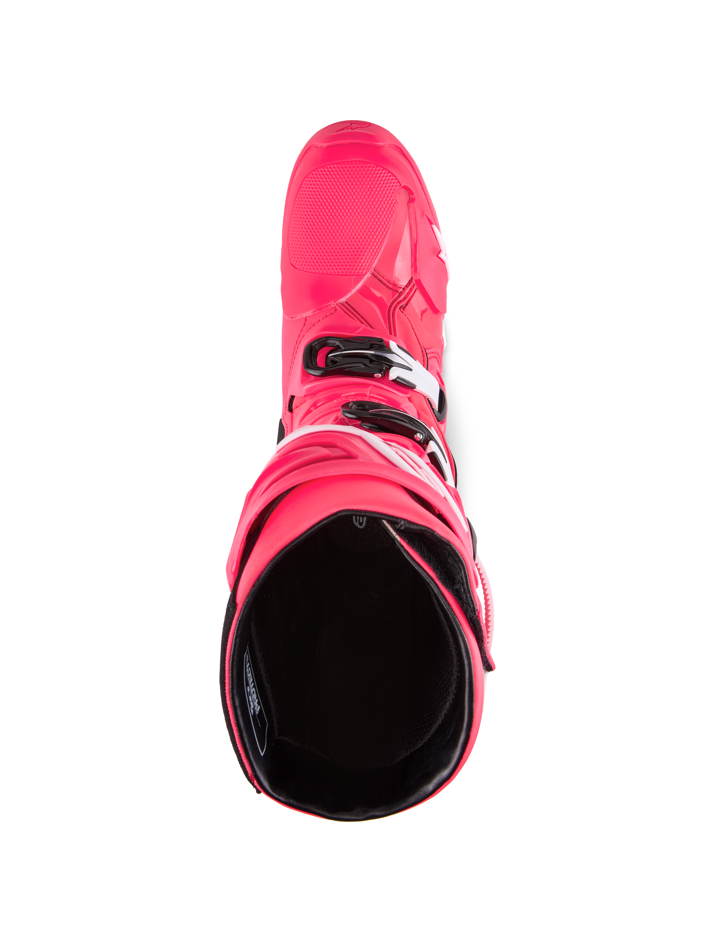 Stivali Alpinestars Tech 10, stivali da motocross, rosa diva e bianco, vista dall'alto verso l'interno con fodera nera, guscio esterno rosa con dettagli delle fibbie bianchi e neri, calzature off-road ad alte prestazioni