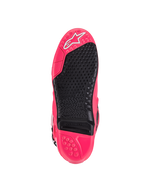 Stivali Alpinestars Tech 10, stivali da motocross, rosa diva e nero, vista della suola con battistrada strutturato, inserto per pedana sostituibile e logo Astars distintivo, progettati per grip e durata superiori