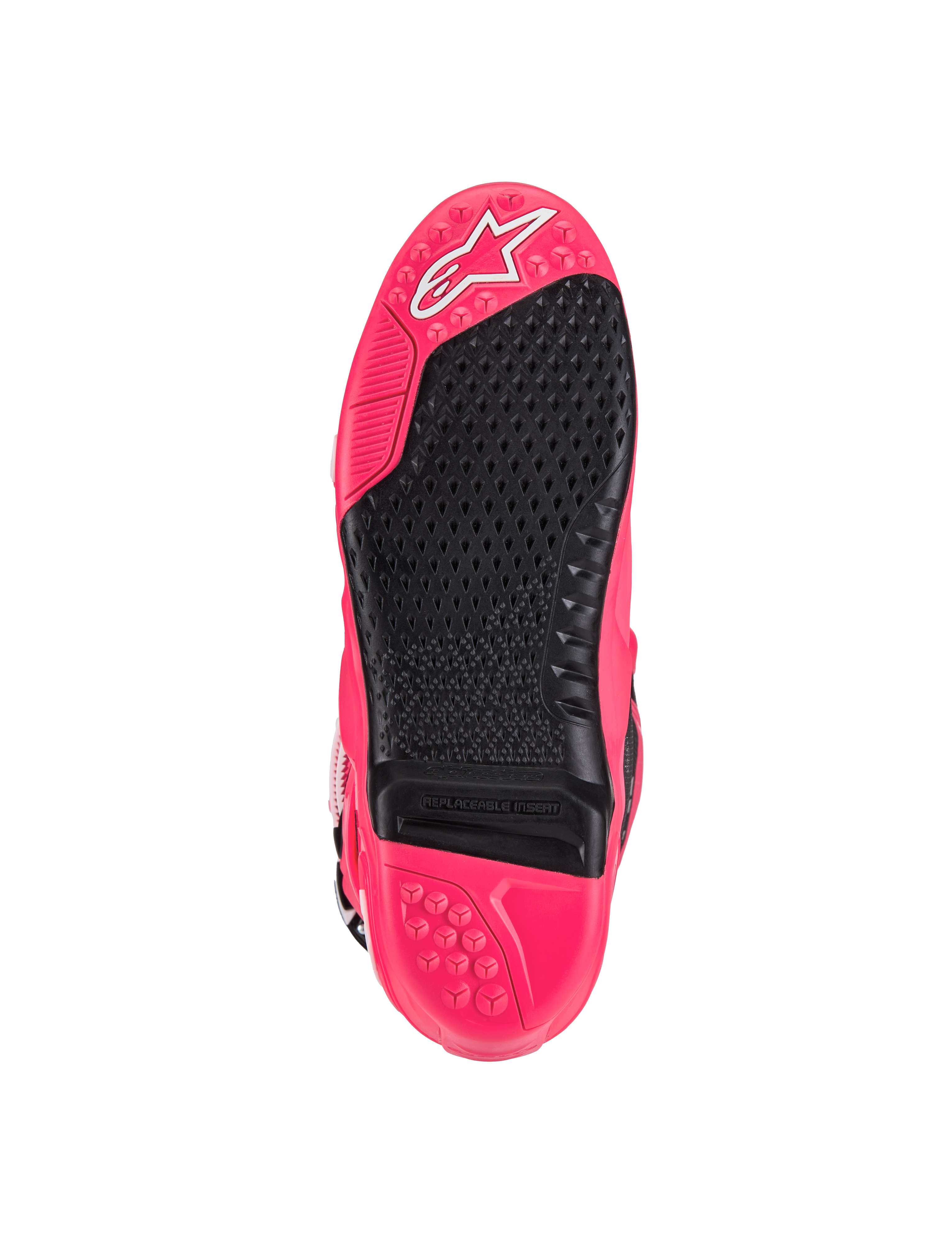 Stivali Alpinestars Tech 10, stivali da motocross, rosa diva e nero, vista della suola con battistrada strutturato, inserto per pedana sostituibile e logo Astars distintivo, progettati per grip e durata superiori