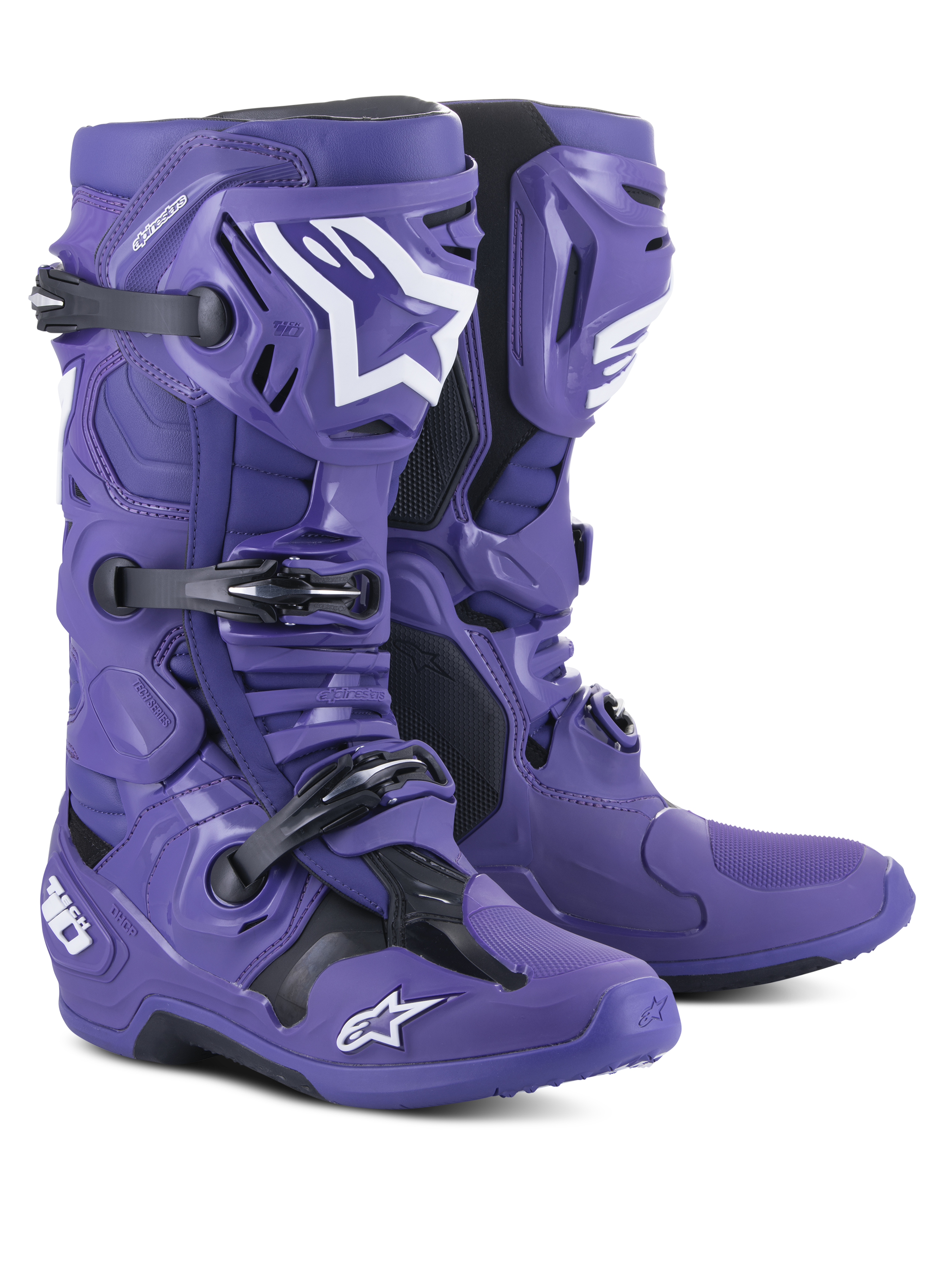 Stivali da motocross Alpinestars Tech 10, viola ultravioletto con accenti neri e bianchi, dotati di sistema di chiusura a tripla fibbia, calotta protettiva in TPU e loghi Alpinestars a stella, calzature da competizione fuoristrada ad alte prestazioni.