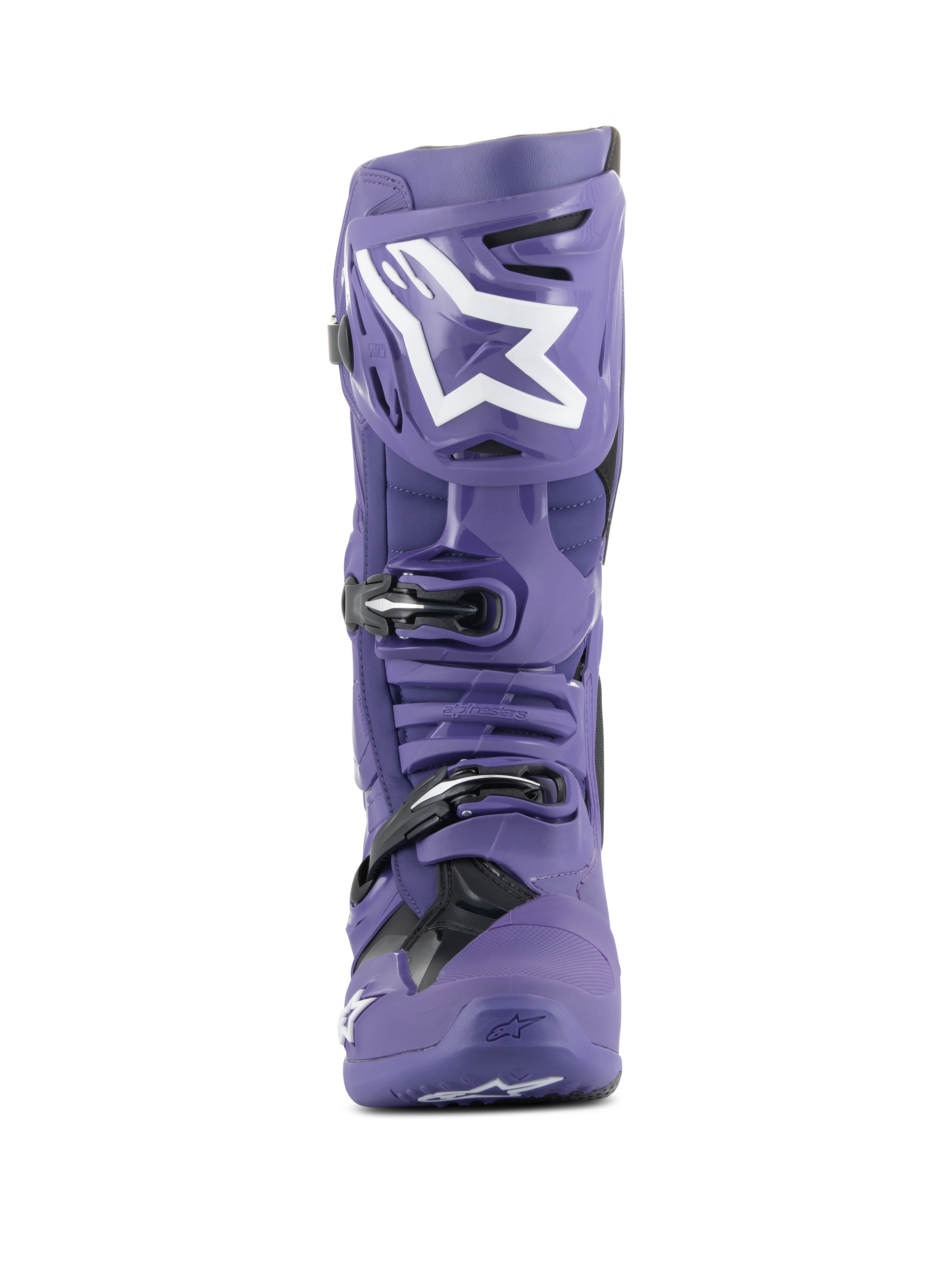 Stivali Alpinestars Tech 10, stivali da motocross, viola ultravioletto e nero, vista frontale, con logo Alpinestars bianco sullo stinco, sistema di chiusura a tripla fibbia, calotta in TPU resistente per gare fuoristrada