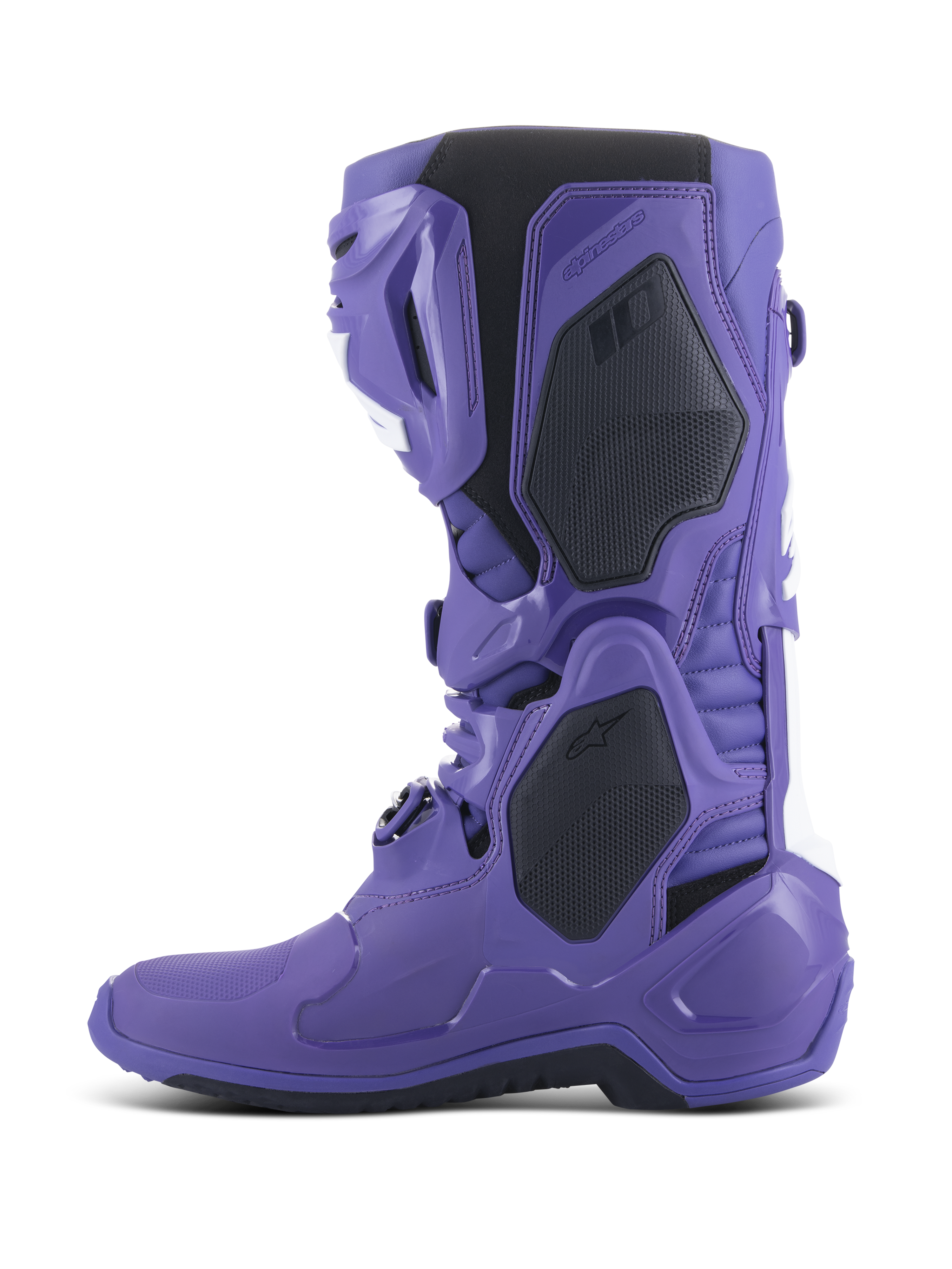 Stivali Alpinestars Tech 10, stivali da motocross, Ultraviolet Black, vista laterale di profilo, guscio in TPU viola vibrante con accenti neri e bianchi, sistema di chiusura a fibbia avanzato e pannelli protettivi rinforzati per prestazioni fuoristrada