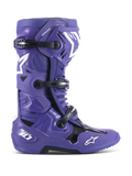 Alpinestars Tech 10 Boots, stivali da motocross fuoristrada, viola ultravioletto con dettagli neri e bianchi, chiusura a tripla fibbia, loghi stella bianchi, marchio Tech 10 sul tallone, suola robusta, calzatura protettiva ad alte prestazioni