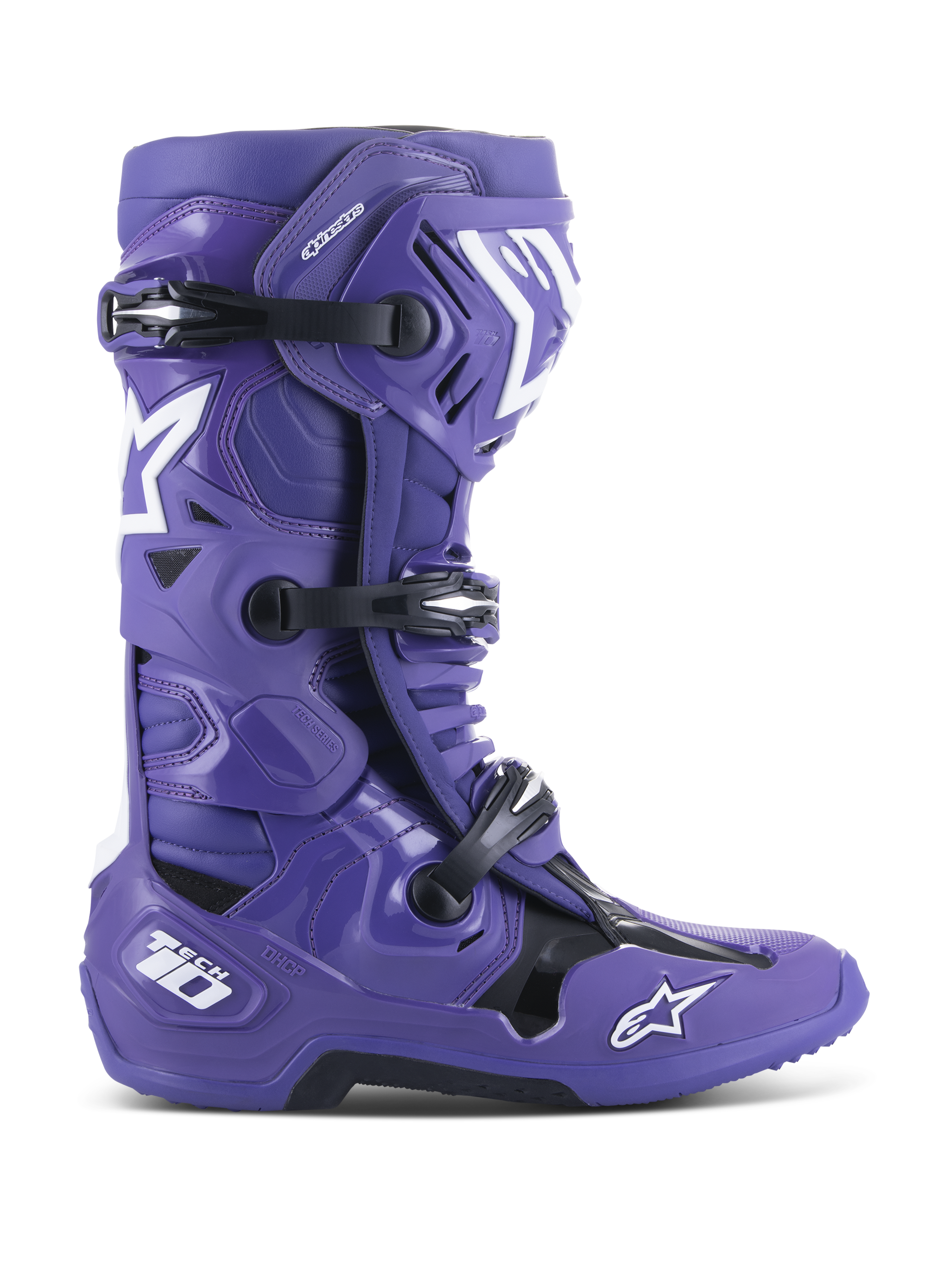 Alpinestars Tech 10 Boots, stivali da motocross fuoristrada, viola ultravioletto con dettagli neri e bianchi, chiusura a tripla fibbia, loghi stella bianchi, marchio Tech 10 sul tallone, suola robusta, calzatura protettiva ad alte prestazioni