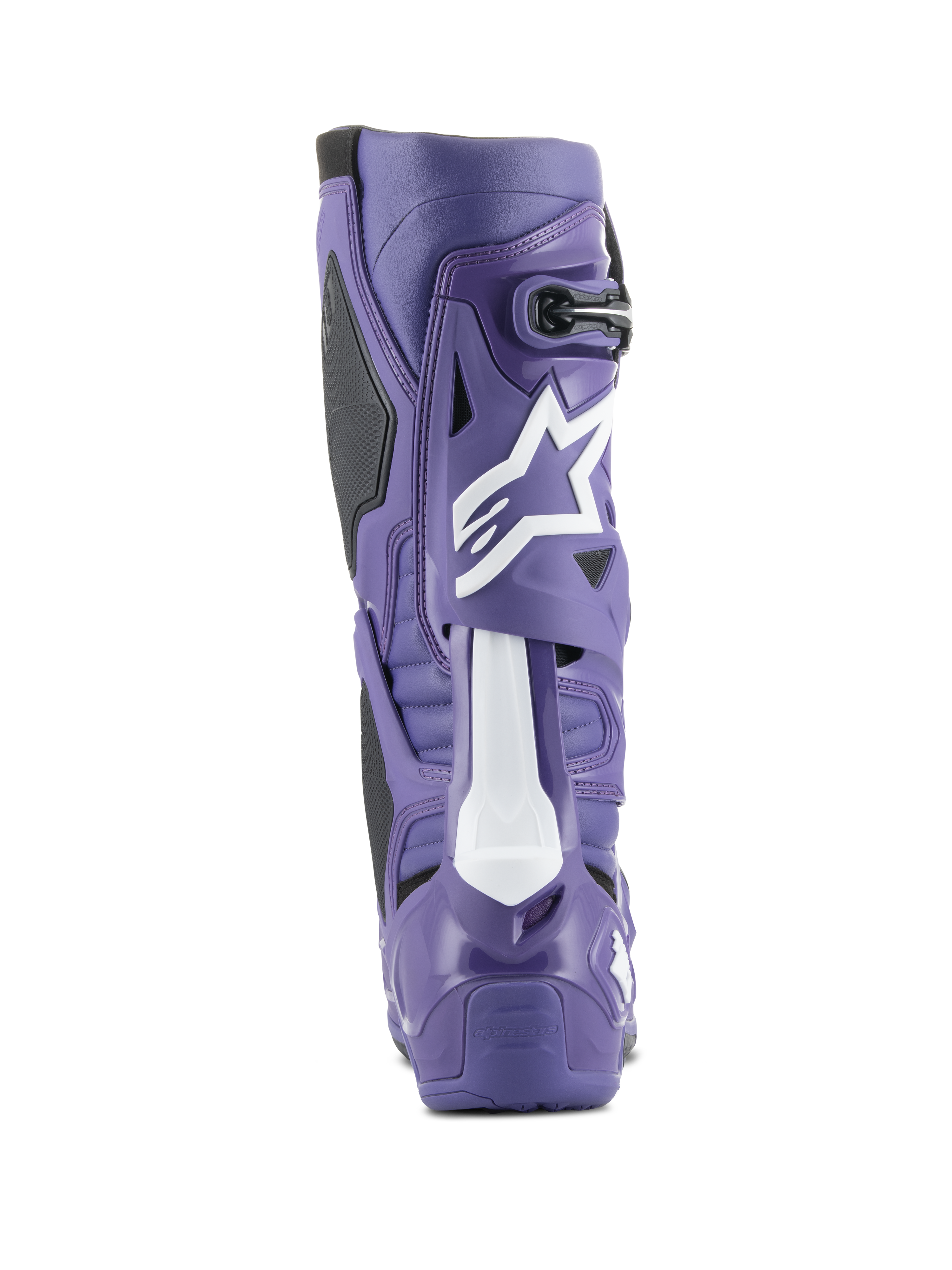 Stivale da motocross Alpinestars Tech 10, ultravioletto e nero, vista posteriore che mostra la calotta in TPU ad alta densità, logo Astars bianco sul polpaccio e tallone rinforzato per corse fuoristrada
