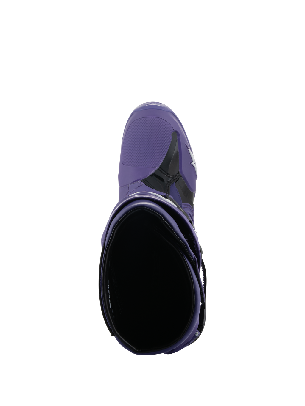 Stivali Alpinestars Tech 10, stivali da motocross, Ultraviolet Black, vista dall'alto verso l'interno, costruzione in microfibra viola e TPU nero con logo bianco, calzature professionali per corse fuoristrada