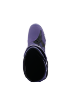Stivali Alpinestars Tech 10, stivali da motocross, Ultraviolet Black, vista dall'alto verso l'interno, costruzione in microfibra viola e TPU nero con logo bianco, calzature professionali per corse fuoristrada