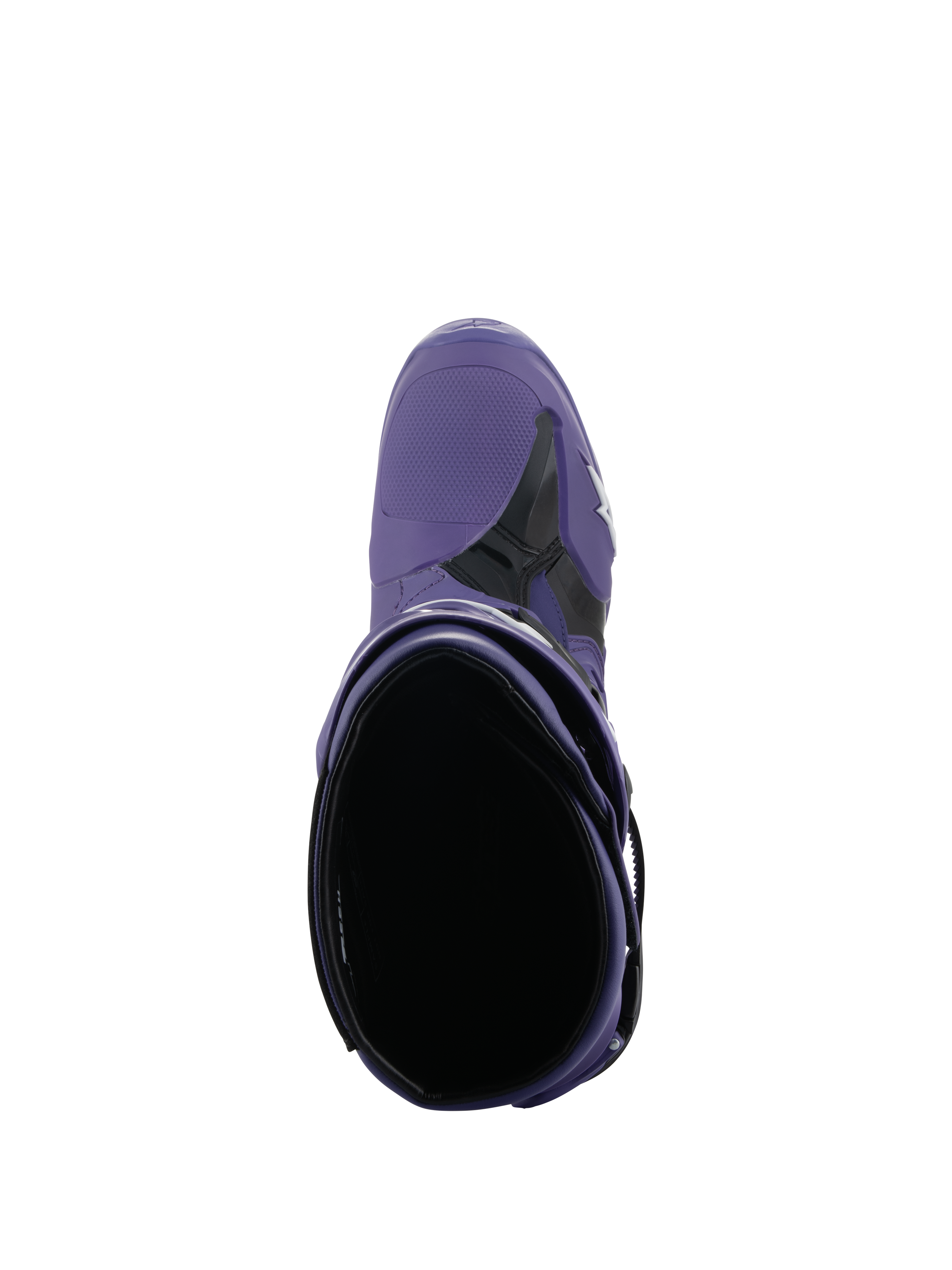 Stivali Alpinestars Tech 10, stivali da motocross, Ultraviolet Black, vista dall'alto verso l'interno, costruzione in microfibra viola e TPU nero con logo bianco, calzature professionali per corse fuoristrada