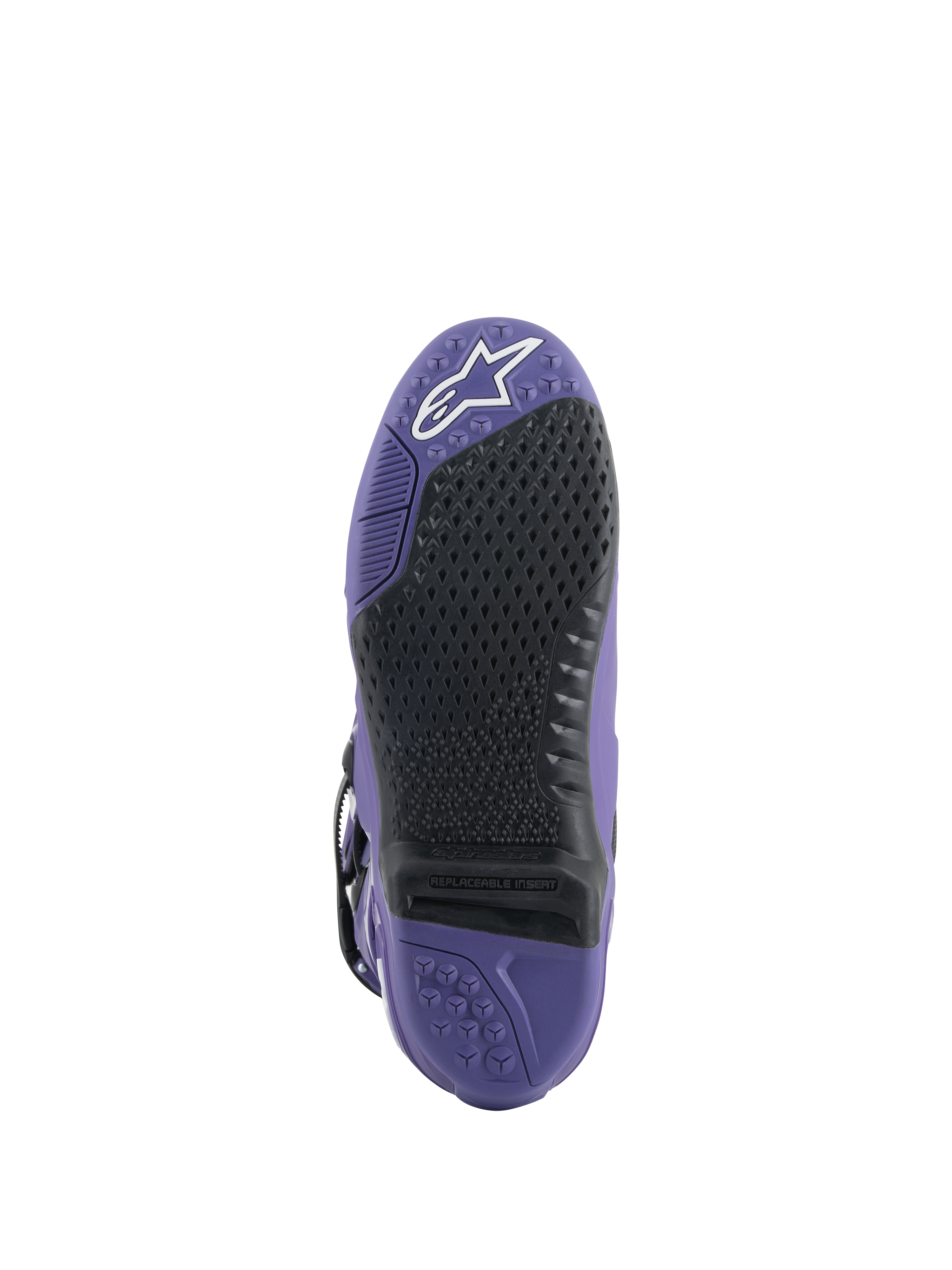 Stivali Alpinestars Tech 10, stivali da motocross, Ultraviolet Black, vista della suola con inserto grip nero sostituibile, suola viola con motivi testurizzati e logo a stella bianco sulla punta