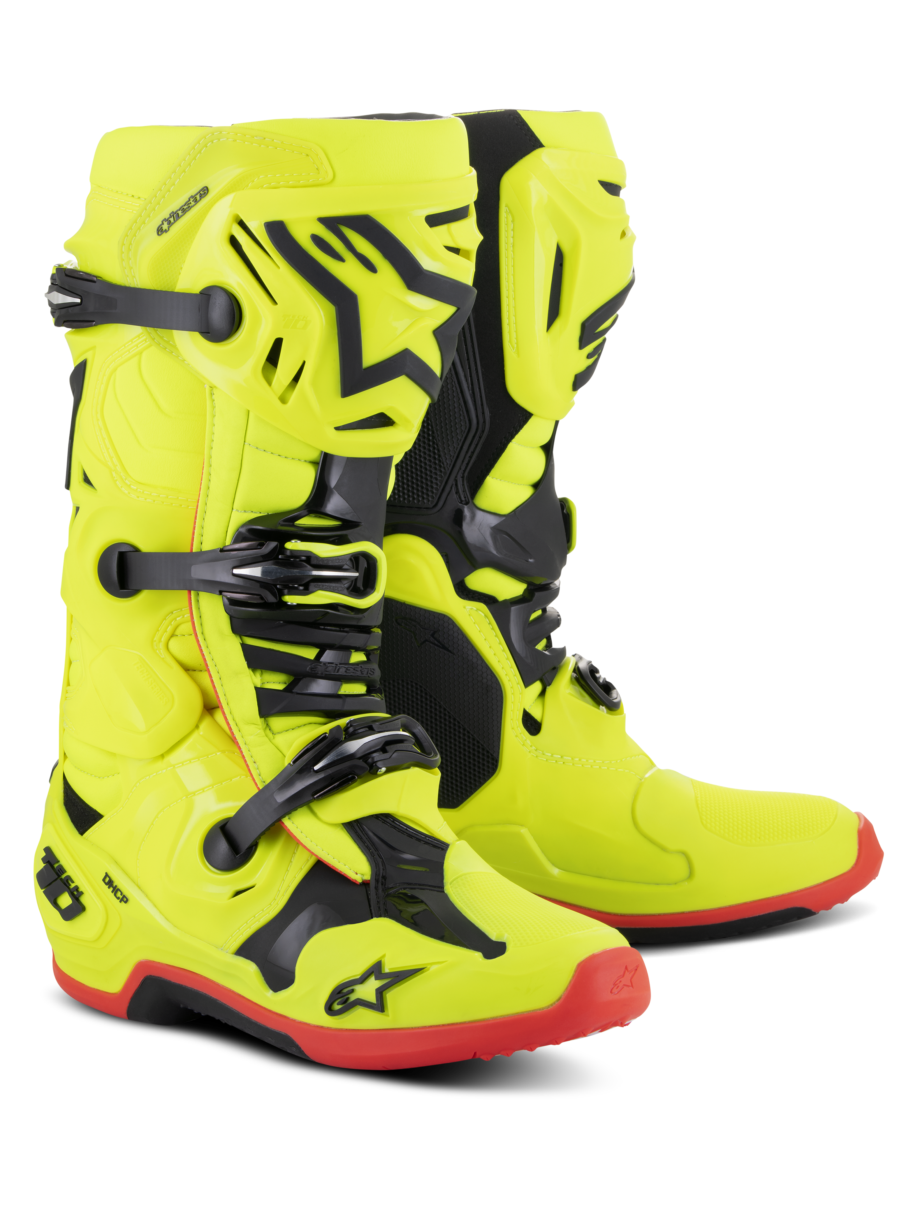 Alpinestars Tech 10 Boots, stivali da motocross, giallo fluo con accenti nero e rosso fluo, sistema a tripla fibbia, calotta in TPU con logo stella Alpinestars, suole rosse, equipaggiamento professionale per gare fuoristrada