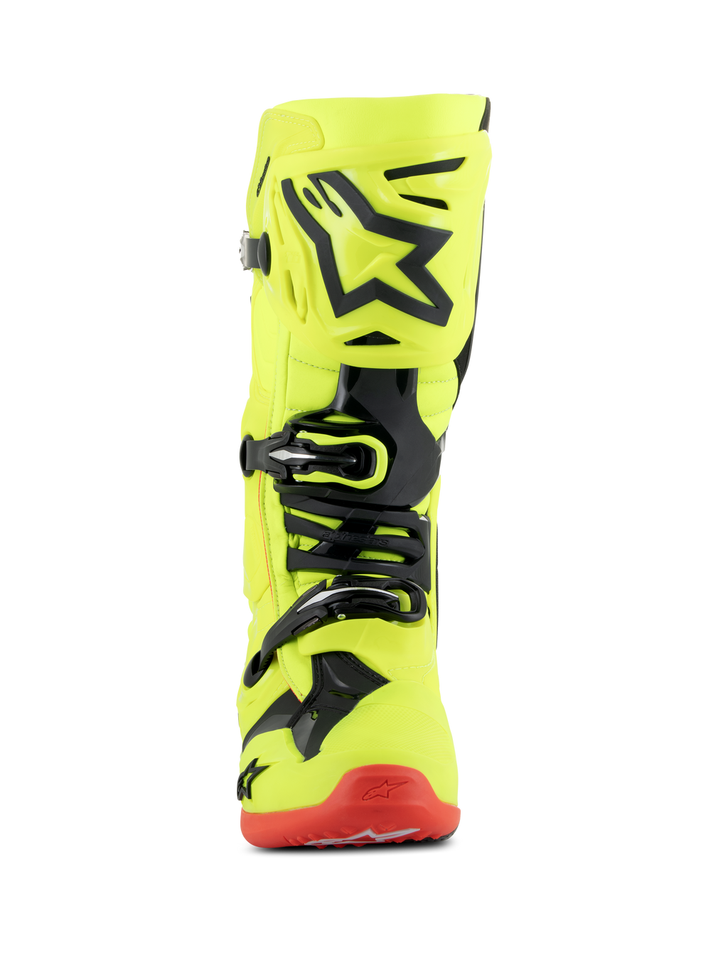 Stivali Alpinestars Tech 10, stivali da motocross, giallo fluo nero e rosso fluo, vista frontale, struttura giallo fluorescente brillante con accenti in TPU nero e sistema di fibbie, suola rossa, calzatura tecnica avanzata per corse fuoristrada