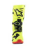 Stivali Alpinestars Tech 10, stivali da motocross, giallo fluo nero e rosso fluo, vista frontale, struttura giallo fluorescente brillante con accenti in TPU nero e sistema di fibbie, suola rossa, calzatura tecnica avanzata per corse fuoristrada
