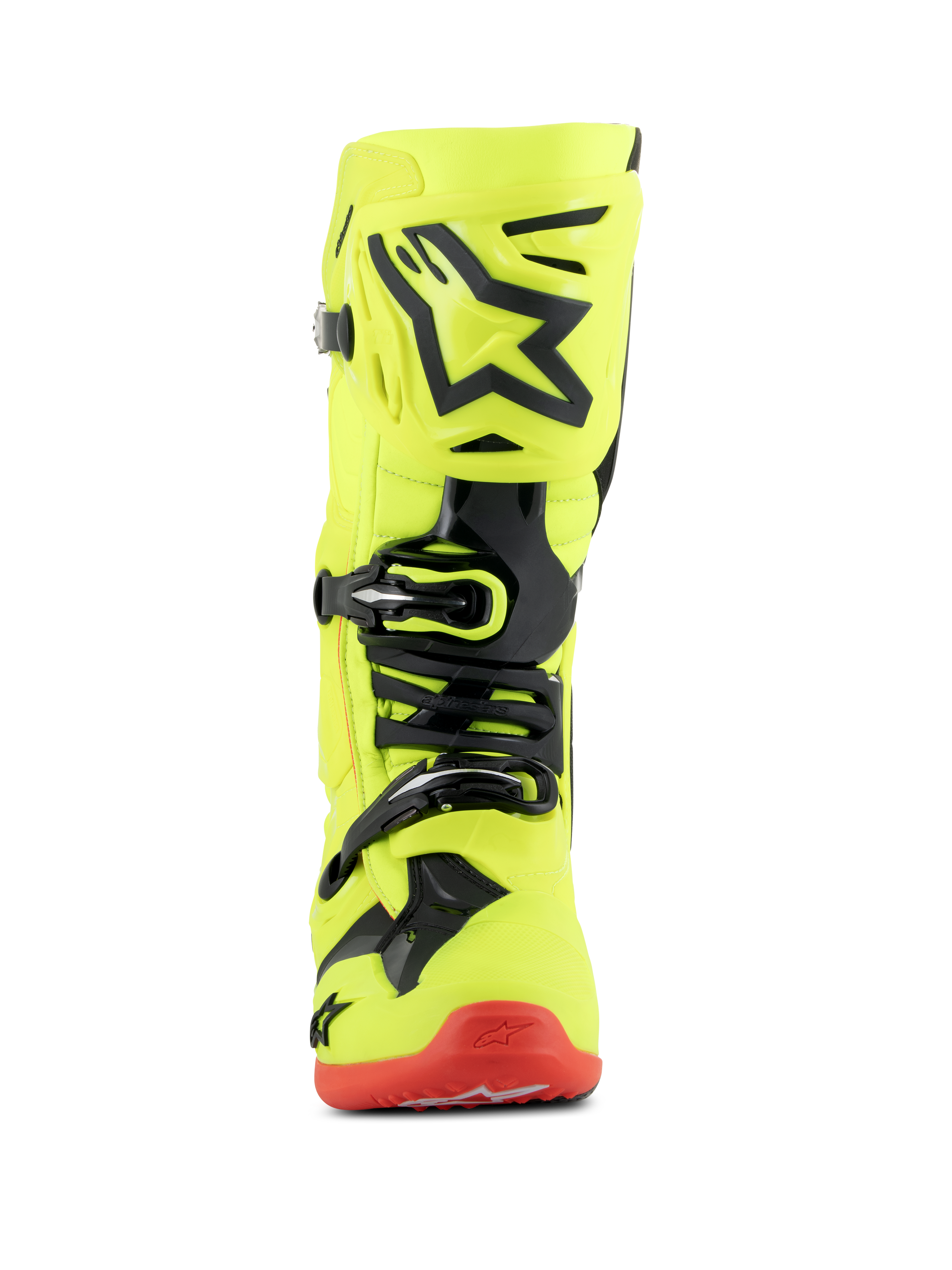 Stivali Alpinestars Tech 10, stivali da motocross, giallo fluo nero e rosso fluo, vista frontale, struttura giallo fluorescente brillante con accenti in TPU nero e sistema di fibbie, suola rossa, calzatura tecnica avanzata per corse fuoristrada