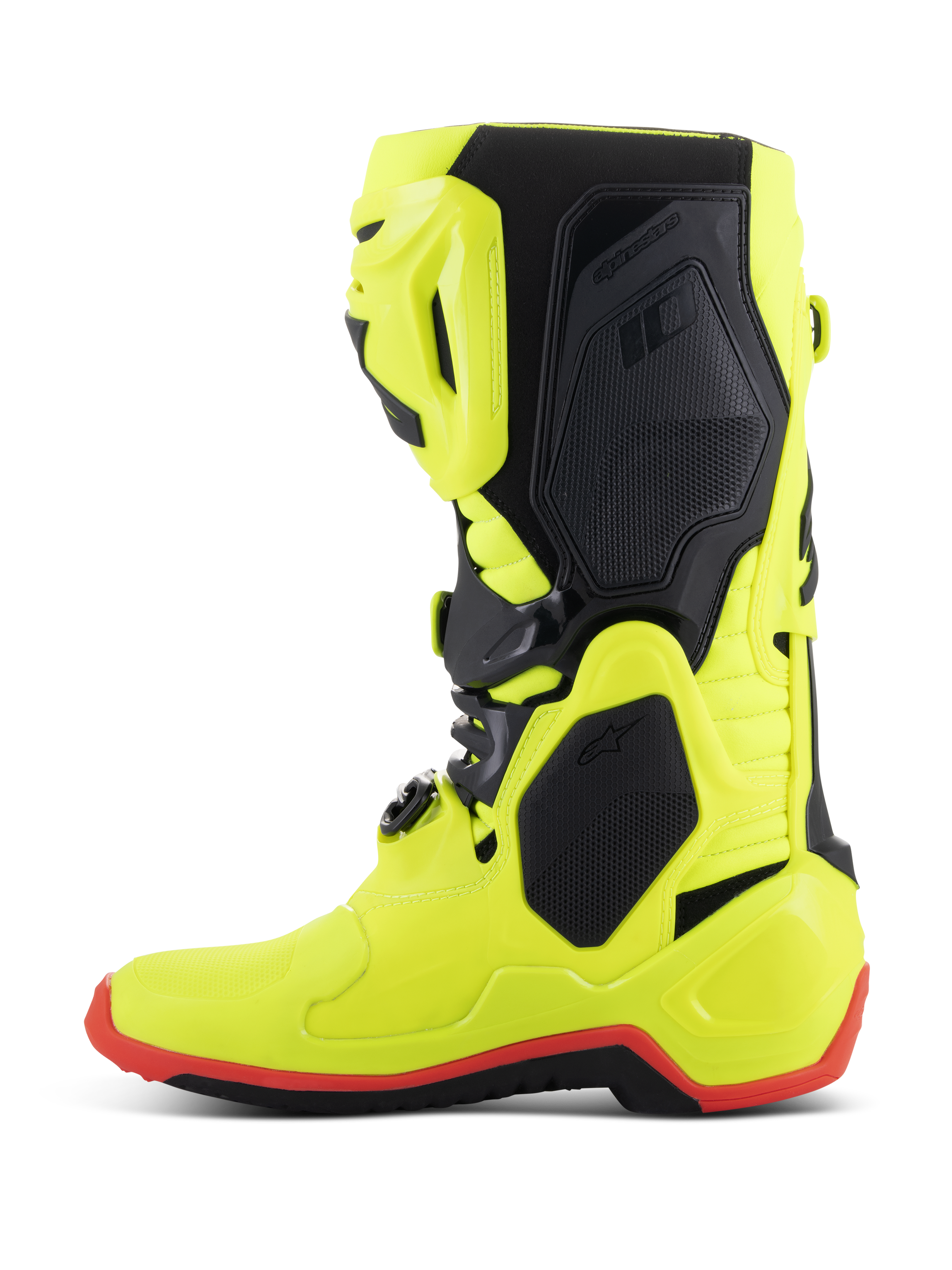 Stivali Alpinestars Tech 10, stivali da motocross, giallo fluo, nero e rosso fluo, profilo laterale, costruzione giallo neon brillante con pannelli protettivi neri e dettaglio della suola rosso fluo, equipaggiamento ad alte prestazioni per gare fuoristrada
