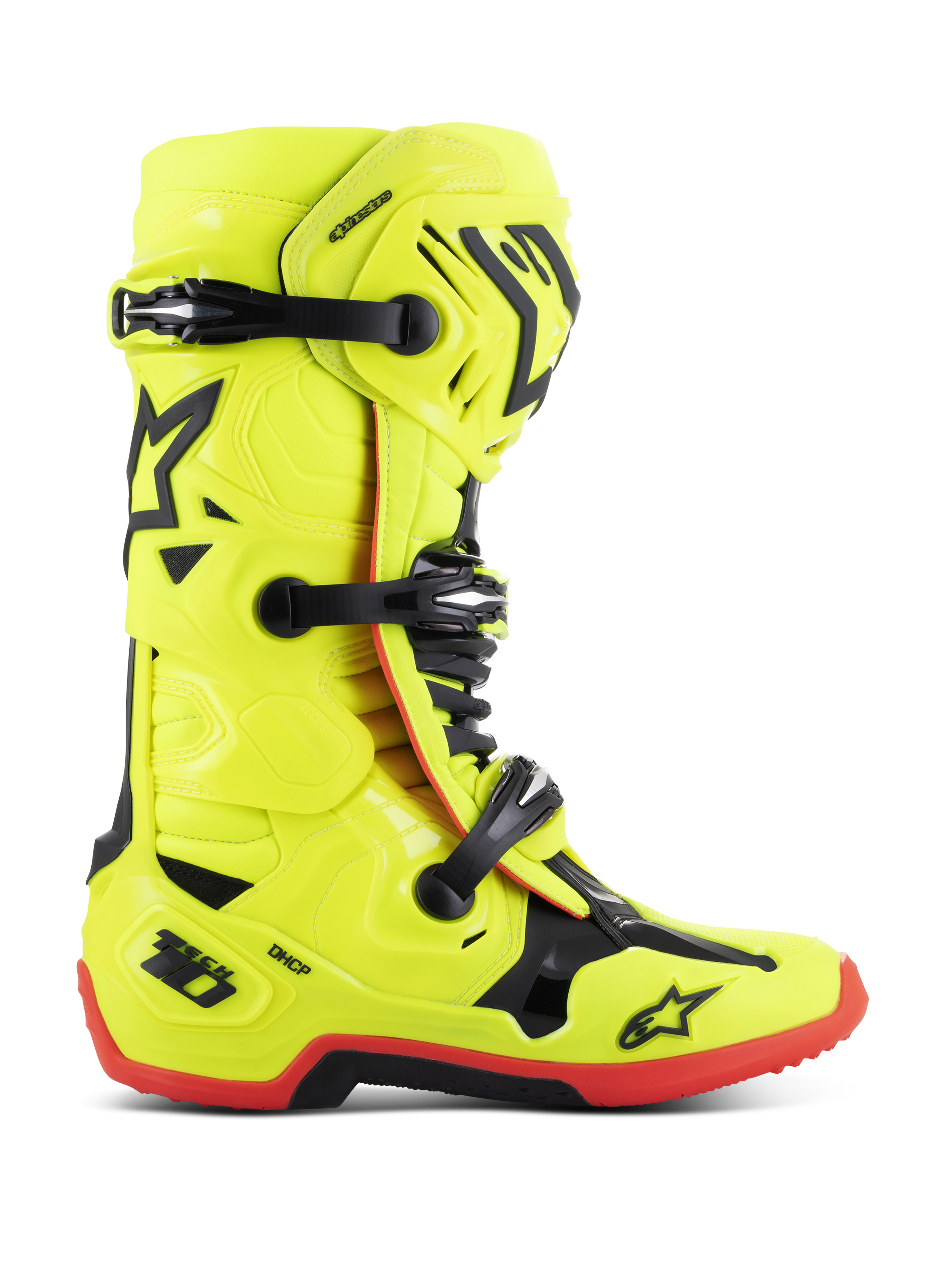Stivali Alpinestars Tech 10, stivali da competizione motocross, giallo fluo con accenti neri e rossi, vista laterale con tripla chiusura a fibbia, placca parastinchi rinforzata, suola rossa ad alta trazione e protezione tallone DHCP, equipaggiamento professionale da moto fuoristrada